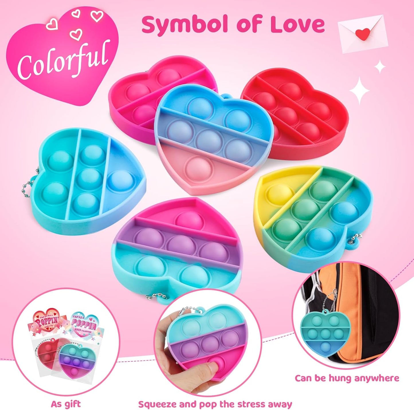 Valentines Day Gift Cards for Kids: 30 Packs Heart Pop Fidget Toys Bulk, Mini Pop Squeeze Toys Stress Relief Fidget Toys for Classroom School Party Favors Exchange Gifts Toddlers Girls Boys Ages 3+