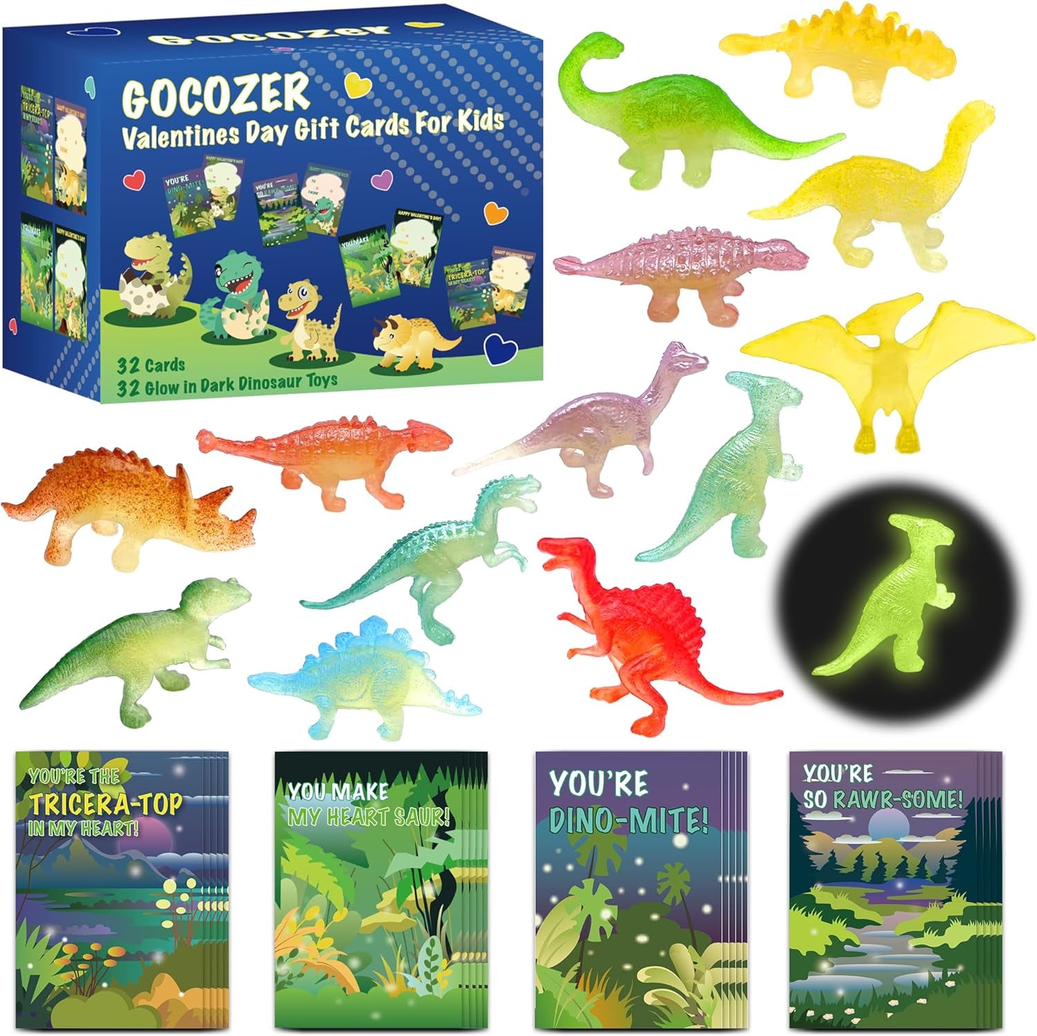 Valentines Day Cards Gifts for Kids School - 32 Pack Glow in Dark Dinosaur Toys with Cute Dinosaur-Themed Cards, Kids Valentines Exchange Gifts Ideas Preschool Valentine Gifts Favors