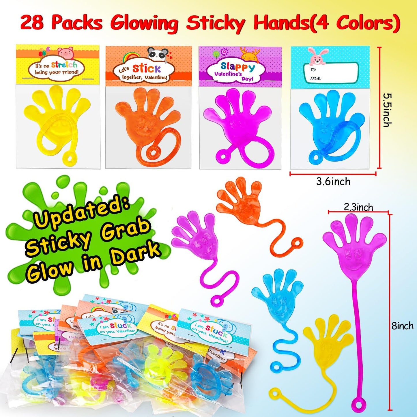 Valentines Day Cards for Kids Classroom Exchange Gifts 28 Pcs Glow in the Dark Sticky Hands Valentine Party Favor Supplies Stuffer Greeting Cards Filler Kids Stretchy Student Class Prize Bulk Toy