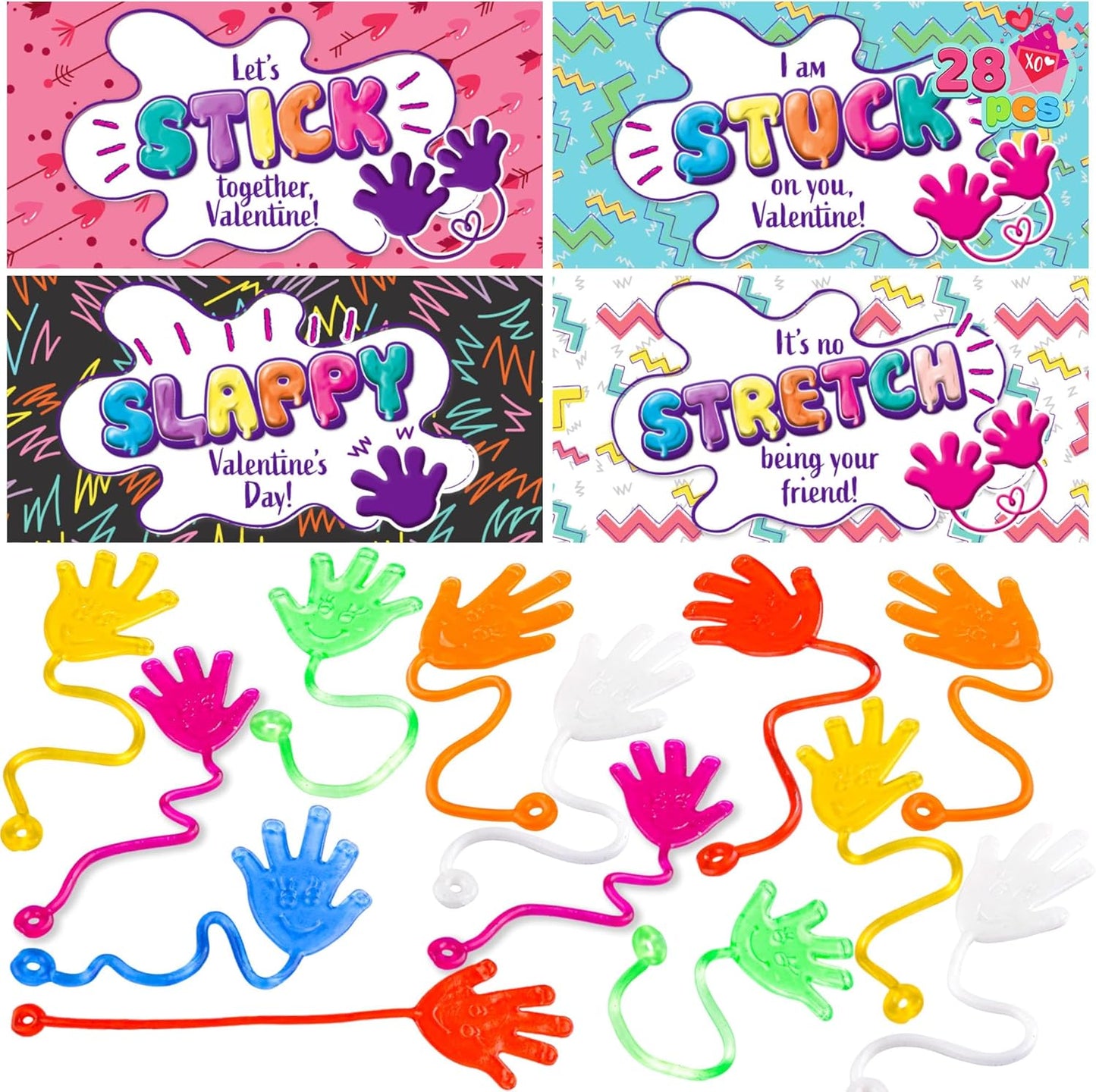 28 Packs Valentines Day Sticky Hands with Card Headers for Kids Party Favor, Classroom Exchange Prizes, Valentine’S Day Greeting Cards, Party Favors and Exchange Gifts