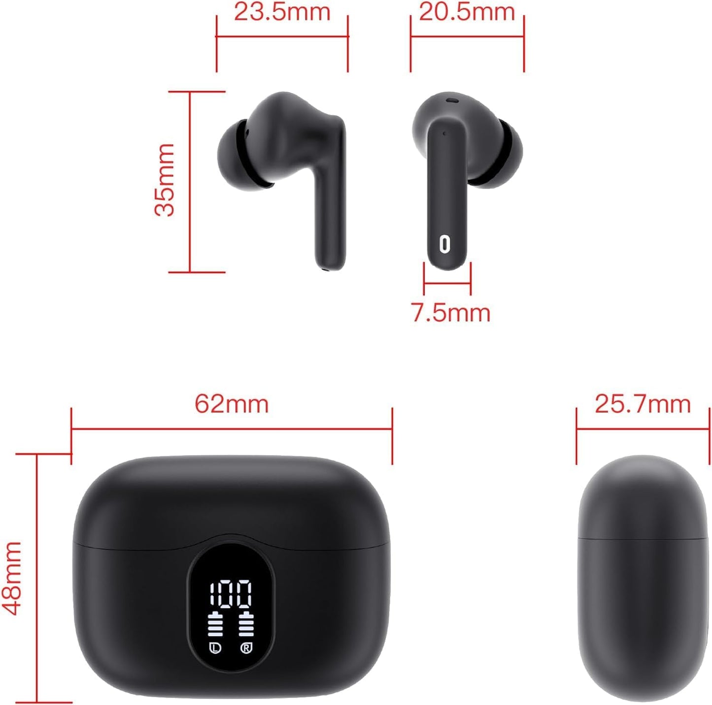 Wireless Earbuds, Bluetooth 5.4 Headphones Bass Stereo, Ear Buds with Noise Cancelling Mic LED Display, IP7 Waterproof in Ear Earphones, 36H Playtime for Laptop Pad Phones Sports Workout, Black