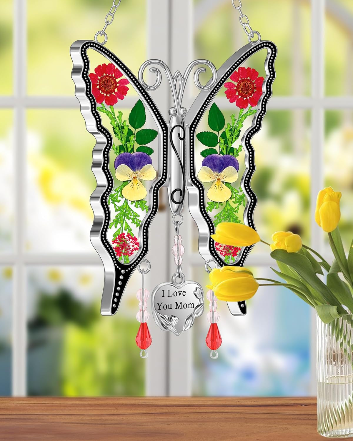 Gifts for Mom Butterfly Suncatcher Mom Gifts Mothers Day I Love You Mom Stained Glass Sun Catcher for Window Hangings Wind Chime Ornament Birthday Gift for Mother`S Day Valentine`S Christmas