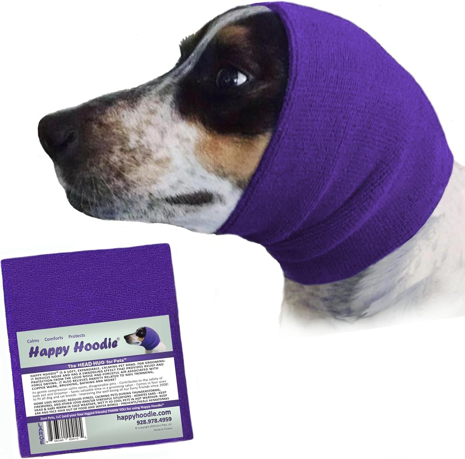 Happy Hoodie the Original Dog & Cat Calming Band, Anxiety Relief/Noise Protection-Grooming-Thunder-Fireworks (Large, Purple)