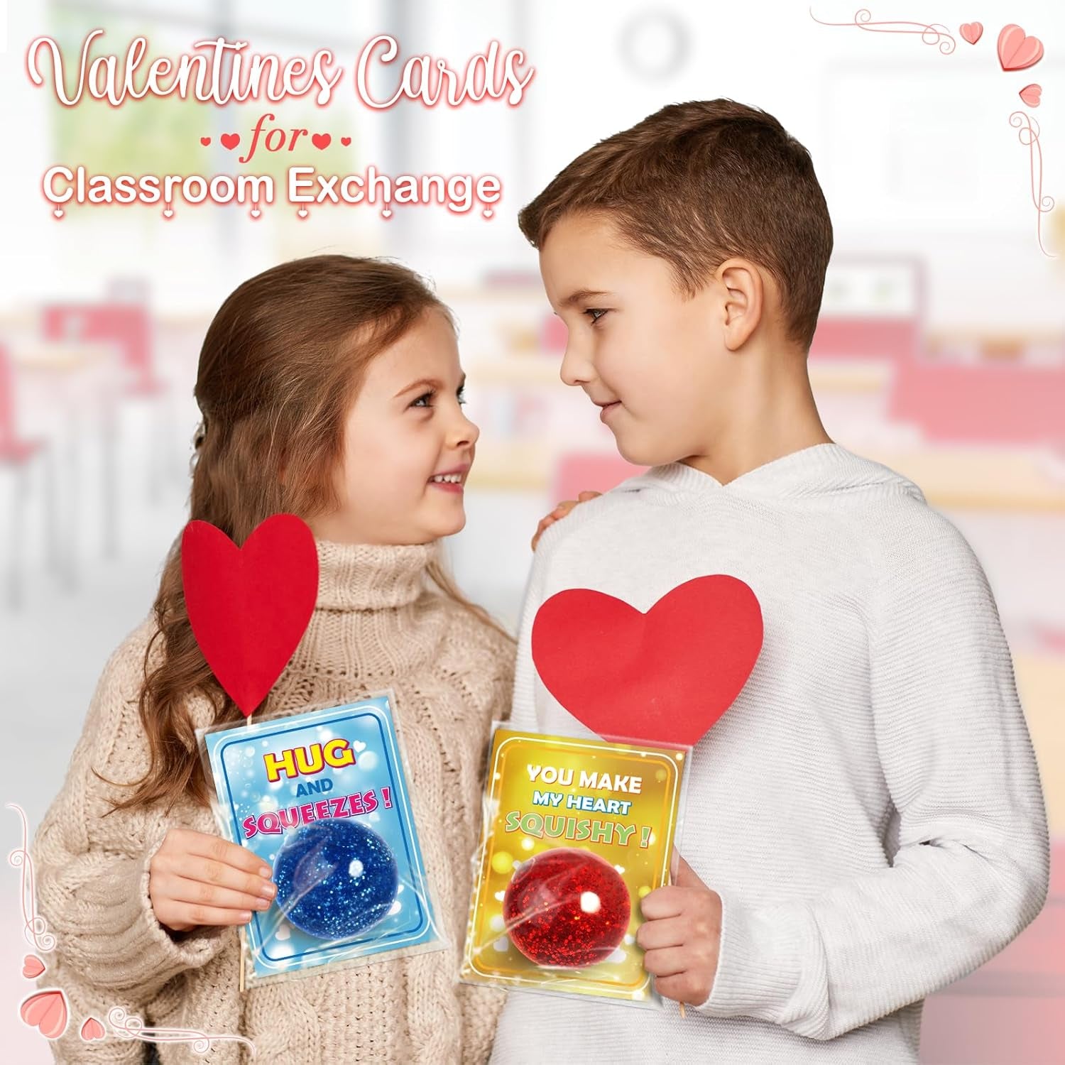 24 Pack Valentine'S Day Cards for Kids with Stretchy Balls for School Classroom Valentine'S Gift Exchange, Valentine'S Party Favor and Prizes, Squeeze Toy Fidget Toy for Kids