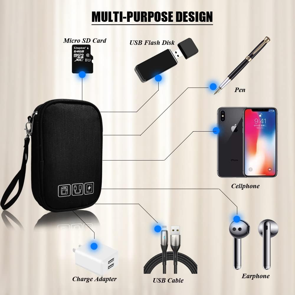 Electronic Organizer Bag Cable Organizer Travel Cord Organizer Case Pouch Portable Carrying Case for Charger Hard Drive Earphone USB SD Card (Black)