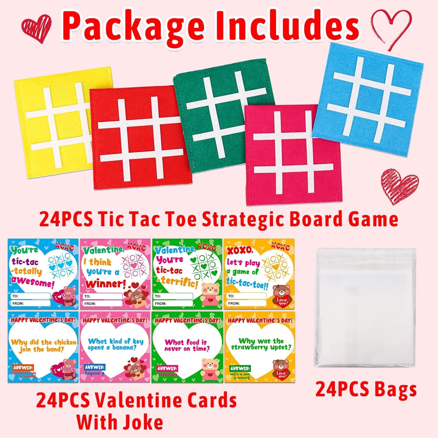 24PCS Tic Tac Toe Strategic Board Game Valentines Day Cards for Kids School Classroom Funny Valentine Exchange Gifts for Toddler Boy Girl Valentine'S Party Favors Class Valentine Treat Prizes Bulk