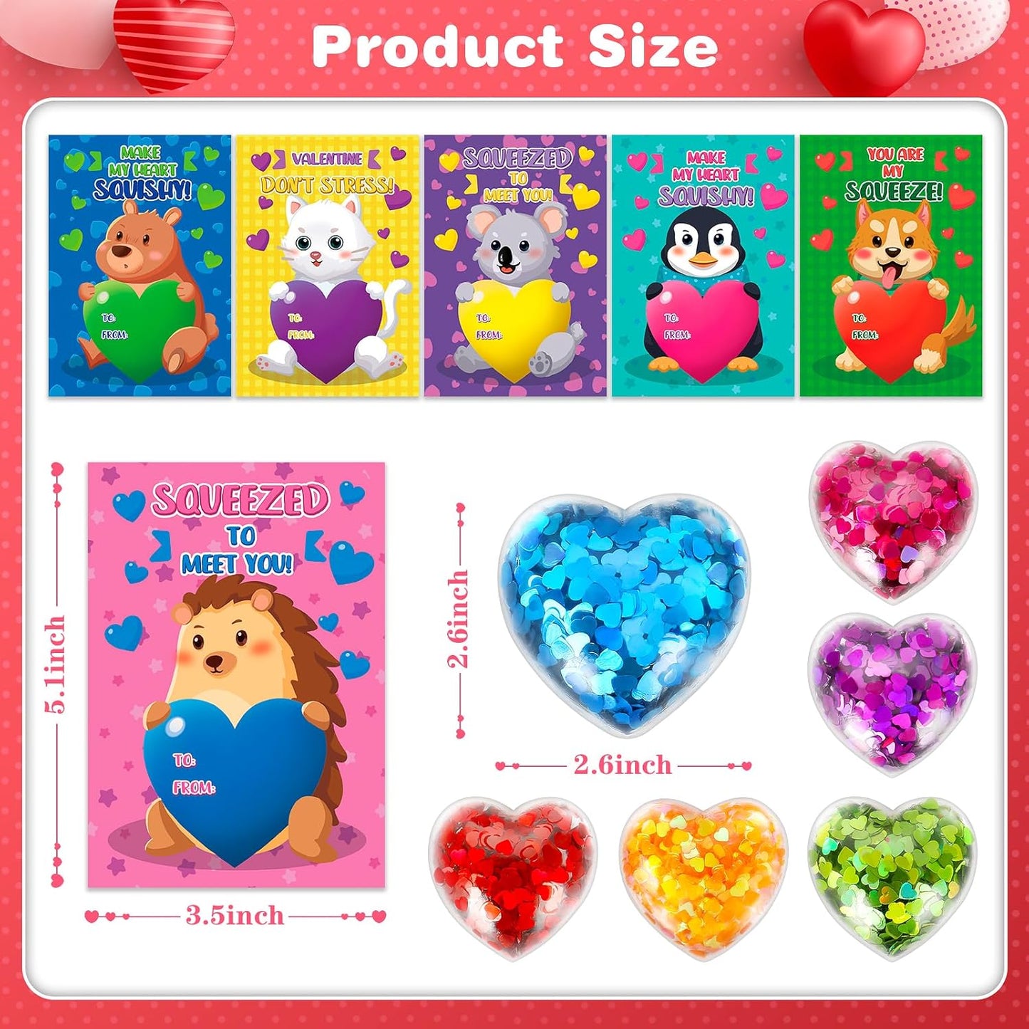 24 Pack Valentines Day Cards for Kids School, Valentines Heart Stress Balls with Greeting Cards for Kids, Valentines Day Gifts for Kids Classroom, Stress Relief Toys for Valentine'S Party Favor Prizes