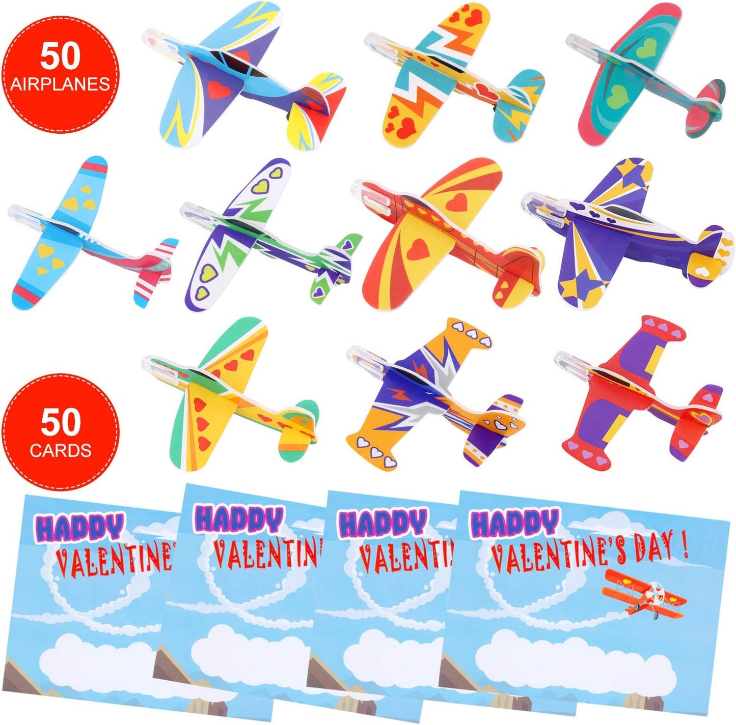 50 Pack Valentines Foam Airplanes and 50 Pack Valentine Cards for Kids, Valentines Gifts for Kids Classroom, Party Favors, Valentine Treats for School