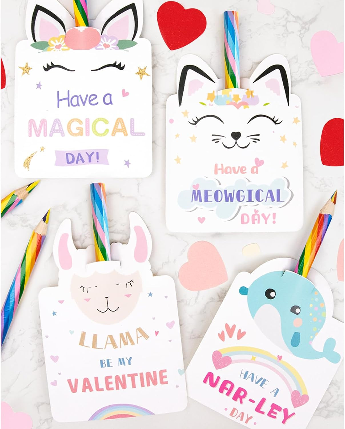 Valentines Day Cards for Kids - Set of 24 Rainbow Pencils Unicorn Valentines - Class Party Favors Valentine Day Cards Exchange Bulk for Girls Boys School Classroom Supplies