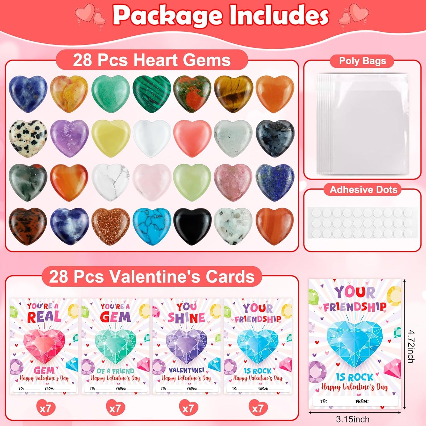 Valentines Day Gifts for Kids,28 Pack Valentines Cards with Heart Shape Crystals Gemstones Bulk for School Classroom Gifts Exchange Prizes,Funny Valentine'S Party Favor Toys for Toddlers Boys Girls