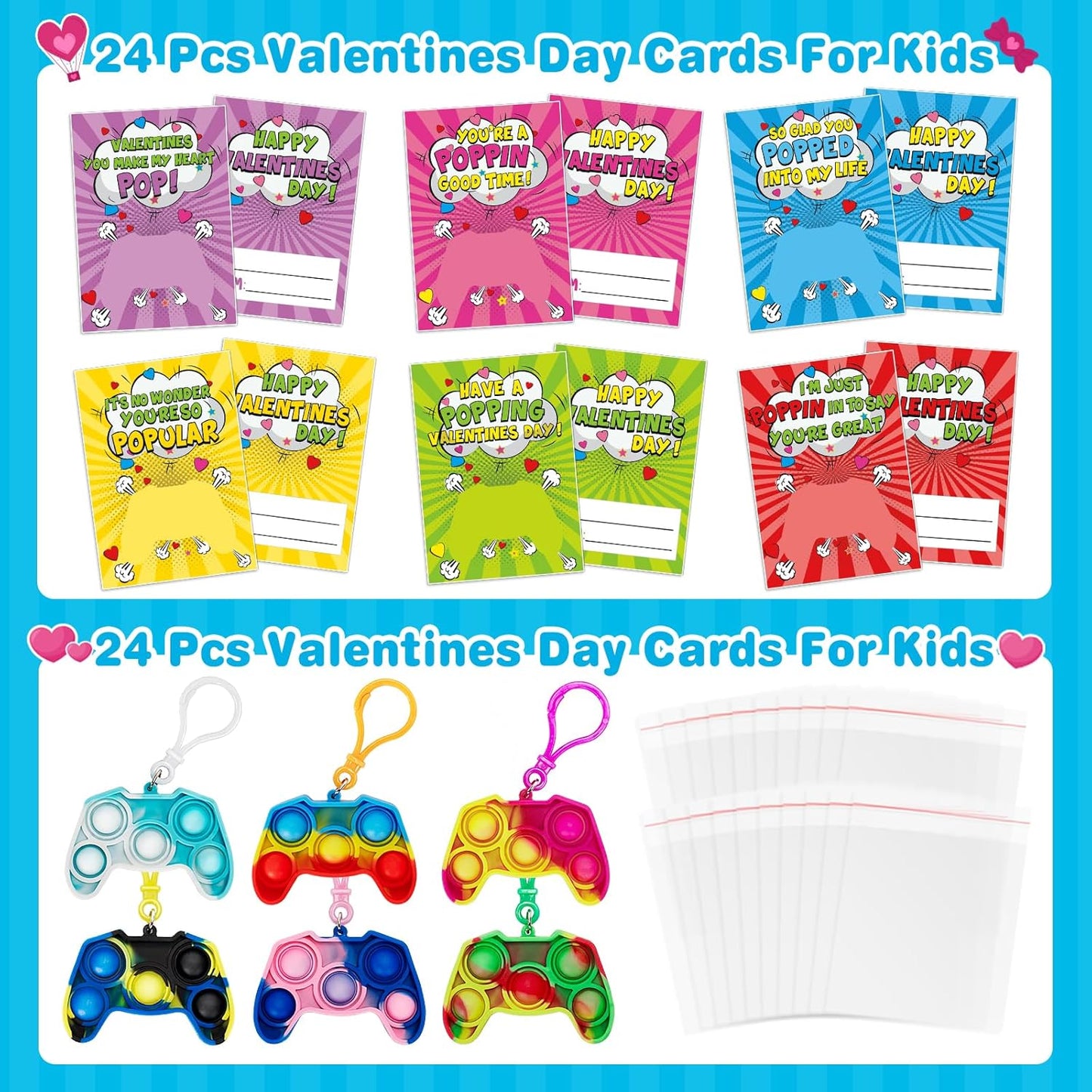 Valentines Cards for Kids Classroom, 24 Packs Game Shape Pop Fidget Keychains Bulk, Class Valentines Gifts for Kids, School Exchange Prizes & Party Favors for Boys Girls