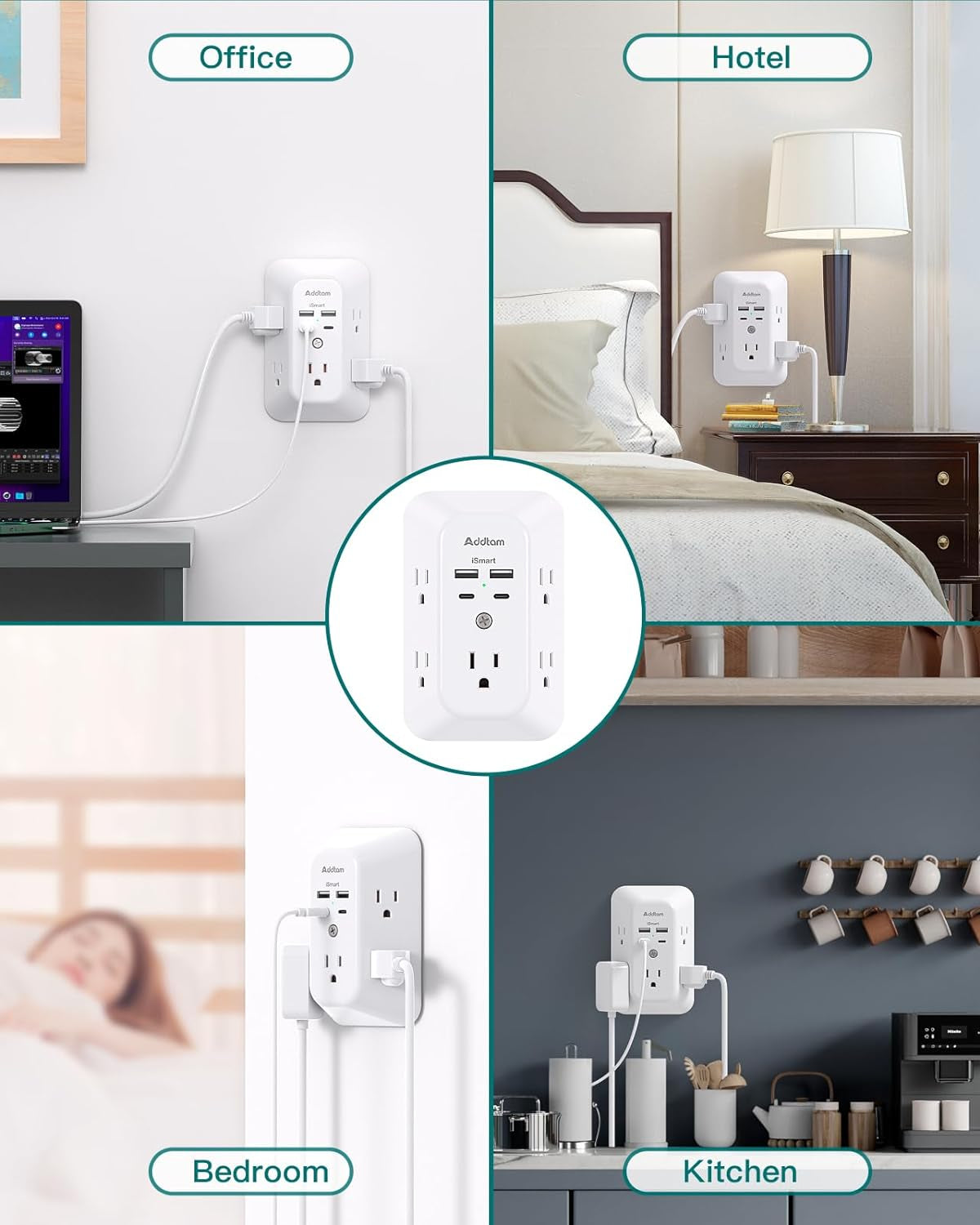 Surge Protector Outlet Extender -  5-Outlet Splitter with 4 USB Wall Charger(2 USB-C Ports), Multi Plug Outlet Power Strip for Home, Dorm Room Essentials