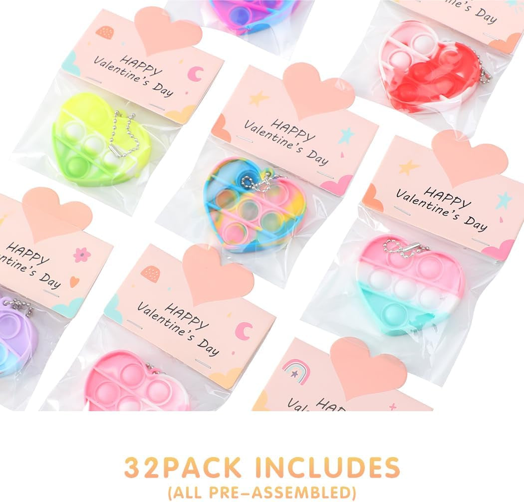 32 Pack Valentines Day Gifts for Kids - Valentines Cards with Mini Heart Pop Fidget Toys Bulk - Valentine Exchange for Girls Boys School Class Classroom Fidget Toys Party Favors