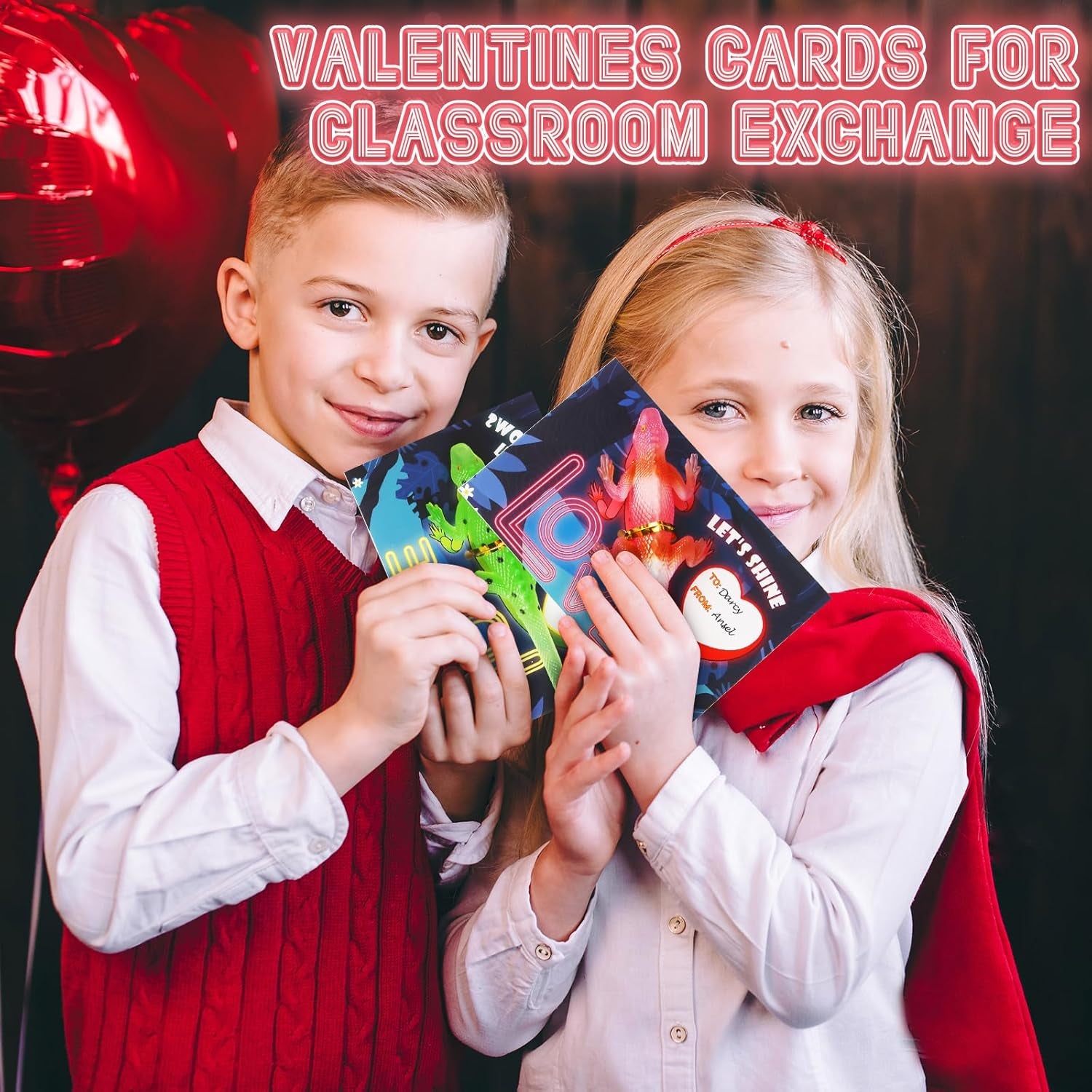 Valentines Cards for Kids Classroom,24 Pack Valentines Day Gift Cards with Glow in the Dark Lizards Toy ,Valentine Exchange Cards for School Class Prize,Bulk,Valentine Party Favor Toy for Kids