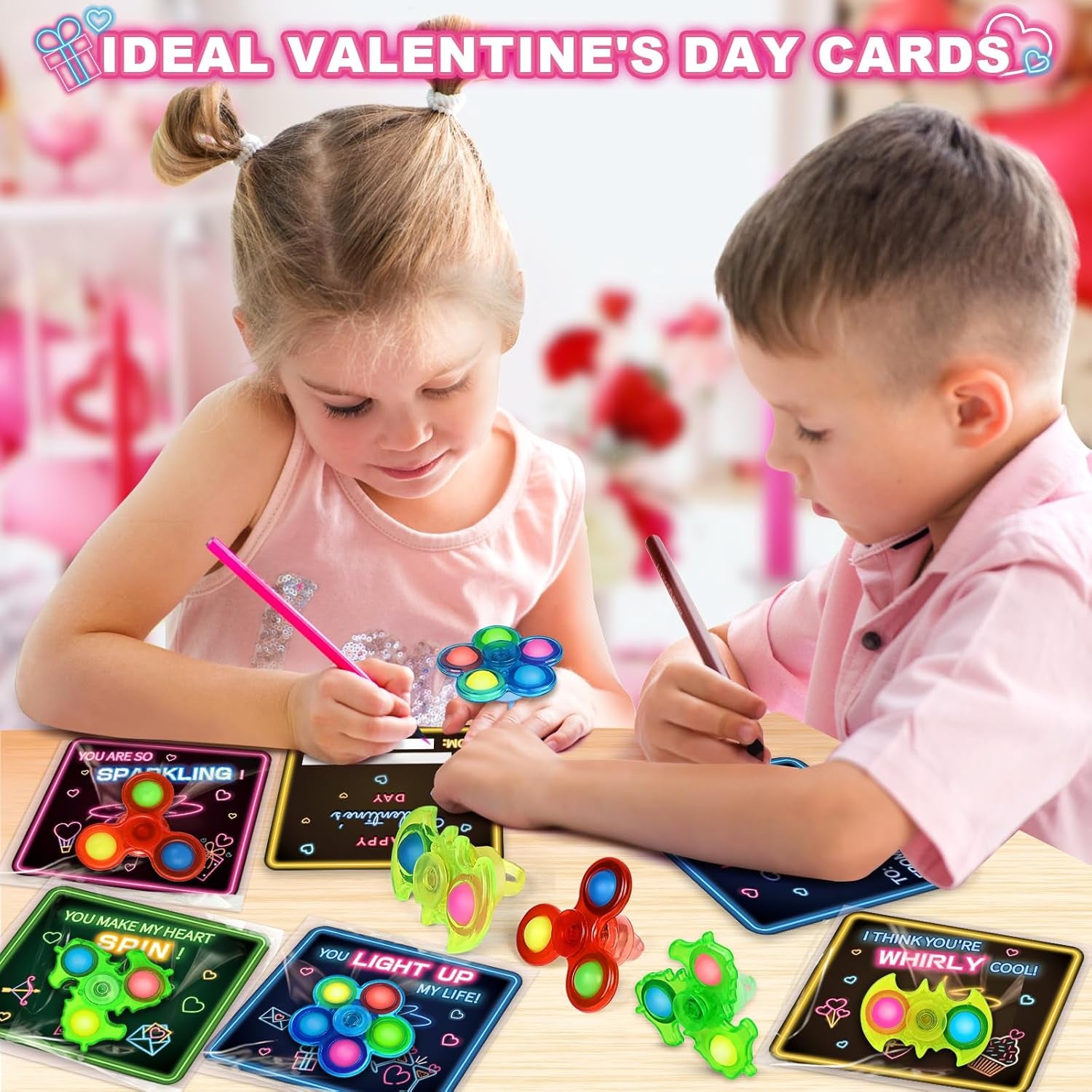 Valentines Day Cards for Kids, 24 Pack Light up Fidget Spinners with Valentines Day Cards for Valentine School Party Favors for Kids Boys Girls, Kids Exchange Valentines Day Gifts