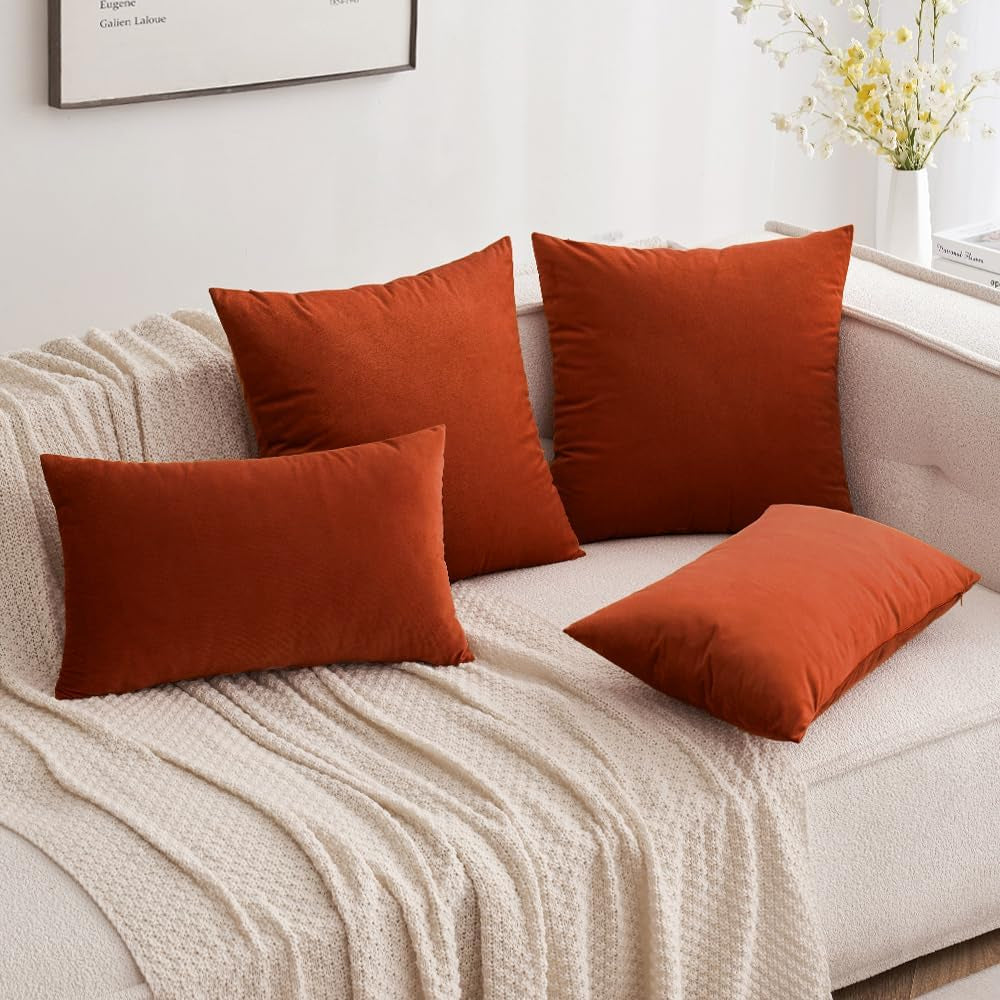 Pack of 2 Burnt Orange Pillow Covers 18X18 Inch Soft Velvet Fall Throw Pillow Covers Set Decorative Couch Throw Pillows Square Cushion Covers Pillowcases for Sofa Bedroom