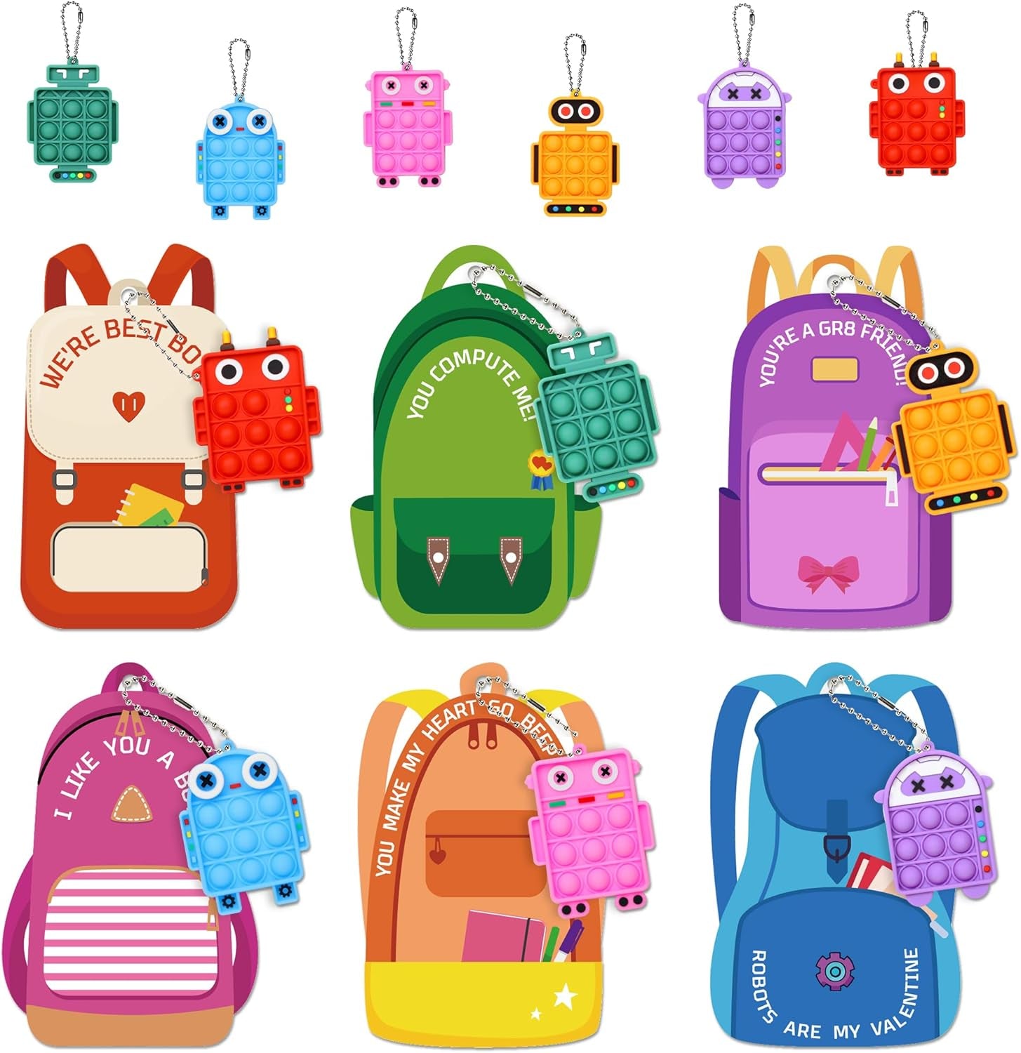 24 Pack Valentines Day Cards Gifts for Kids School Classroom, Pop Fidget Keychains Valentines for Kids Class Prizes Robot Valentines Boys Girls Valentines Day Party Favors Treats Goodie Bag Stuffers