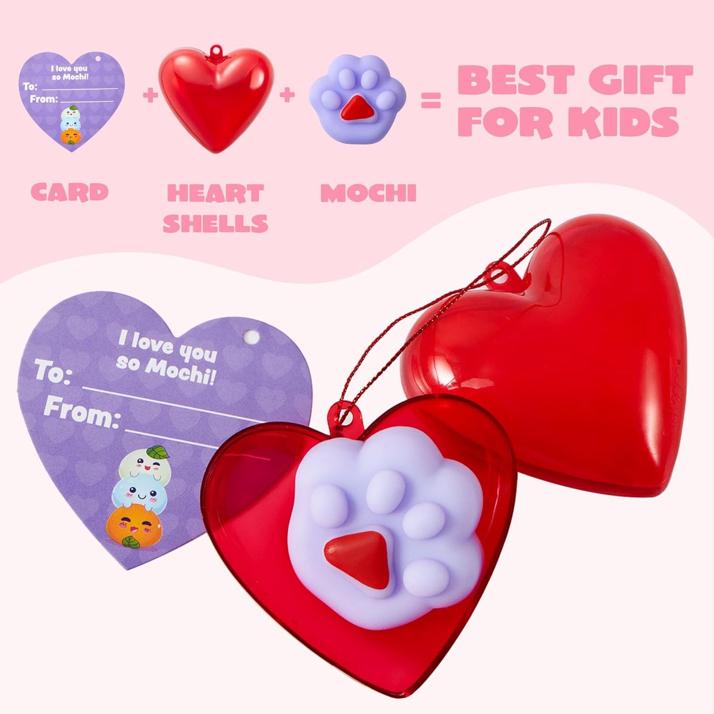 28 Packs Mochi Squishy Toys with Valentine Cards and Filled Hearts Party Favors for Kids Valentine Gifts Classroom Exchange, Kawaii Stress Relief Toys for Valentine Gift Exchange, Game Prizes