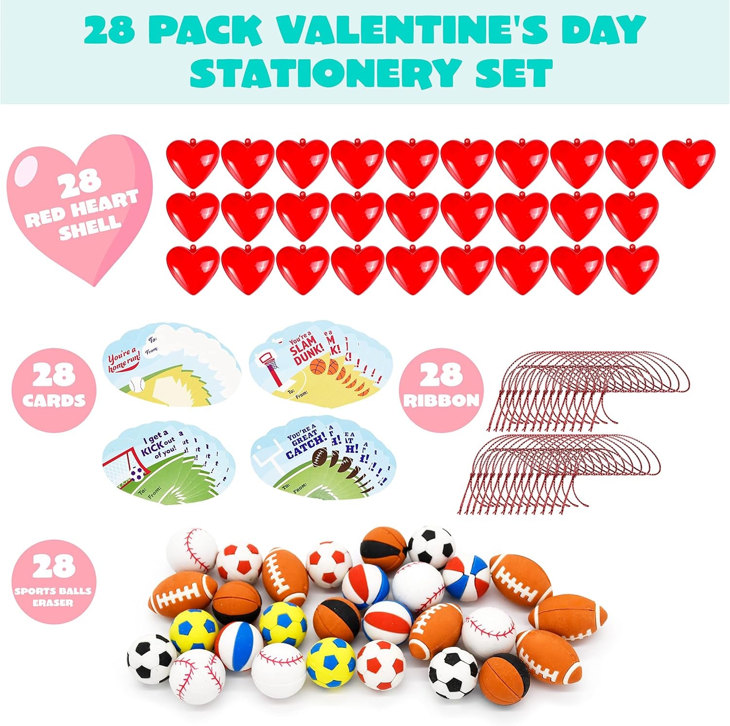 28 PCS Valentines Day Cards for Kids, Sports Balls Erasers Filled Hearts and Valentine Cards Gifts for Kids Classroom Exchange Prizes