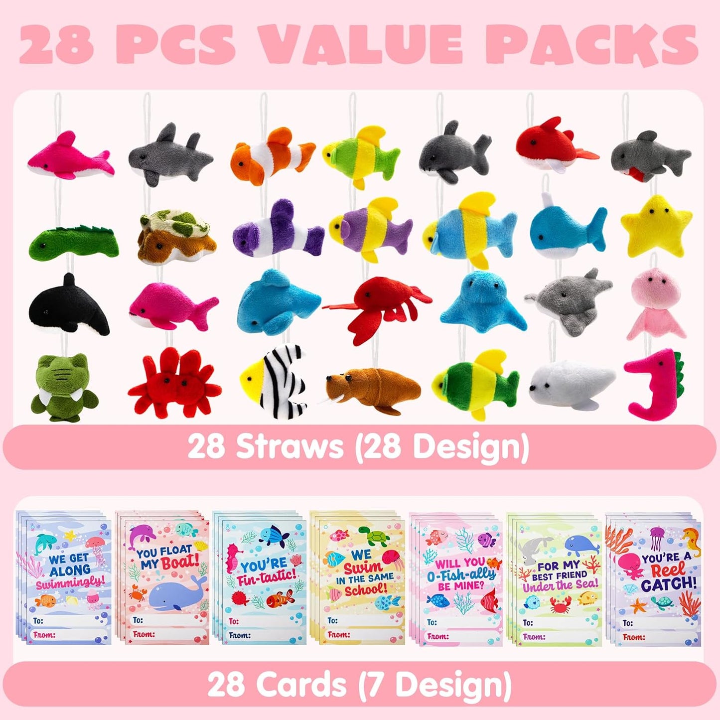 28 Pack Valentines Day Sea Animal Plush Keychain for Kid with Cards, Valentine Party Favor for Classroom Exchange Gift