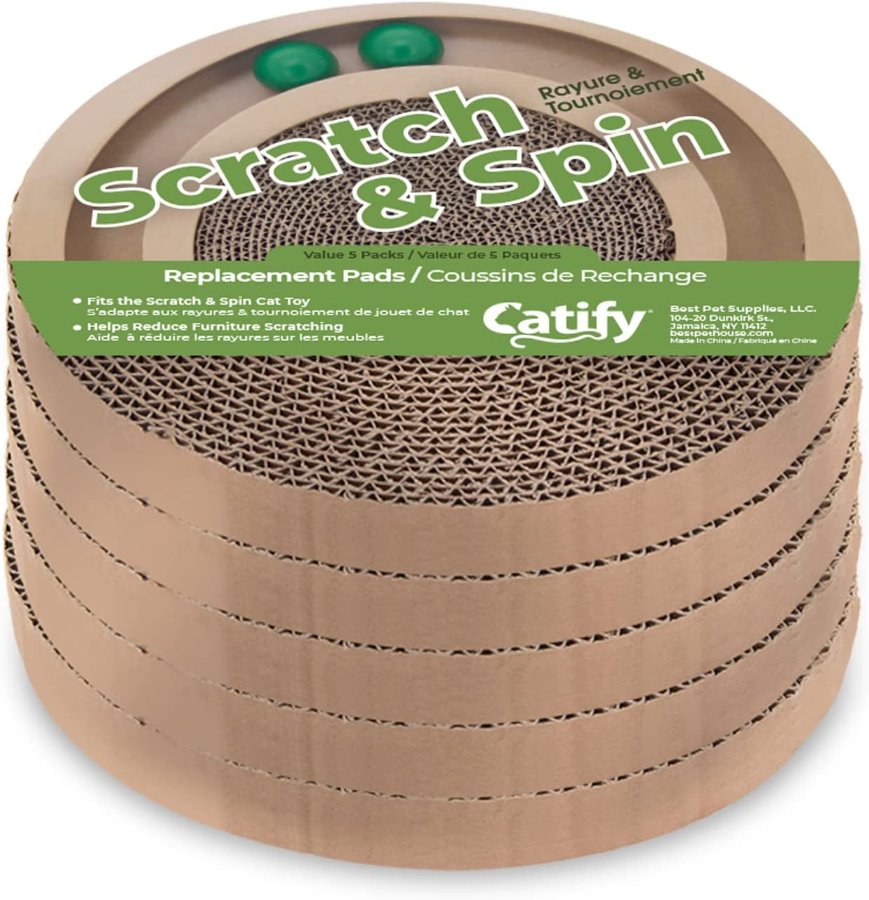 Scratch and Spin Cat Scratcher Replacement Pads for Active Play, Natural Recycled Corrugated Cardboard, Supports Pet Behaviors, Relieves Stress - 5 Count