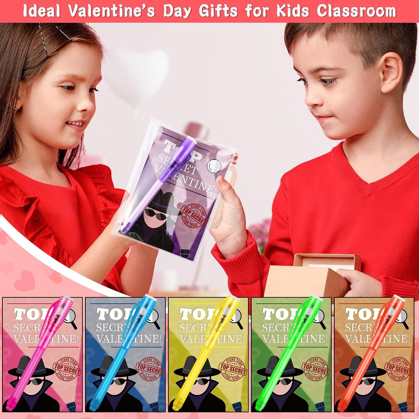 24 Pack Valentines Day Gifts for Kids Classroom Invisible Ink Pen with Valentines Cards, Valentines Party Favors for Kids School Spy Pen Magic Gifts Valentines Pens for Kids Class Exchange Card Prizes