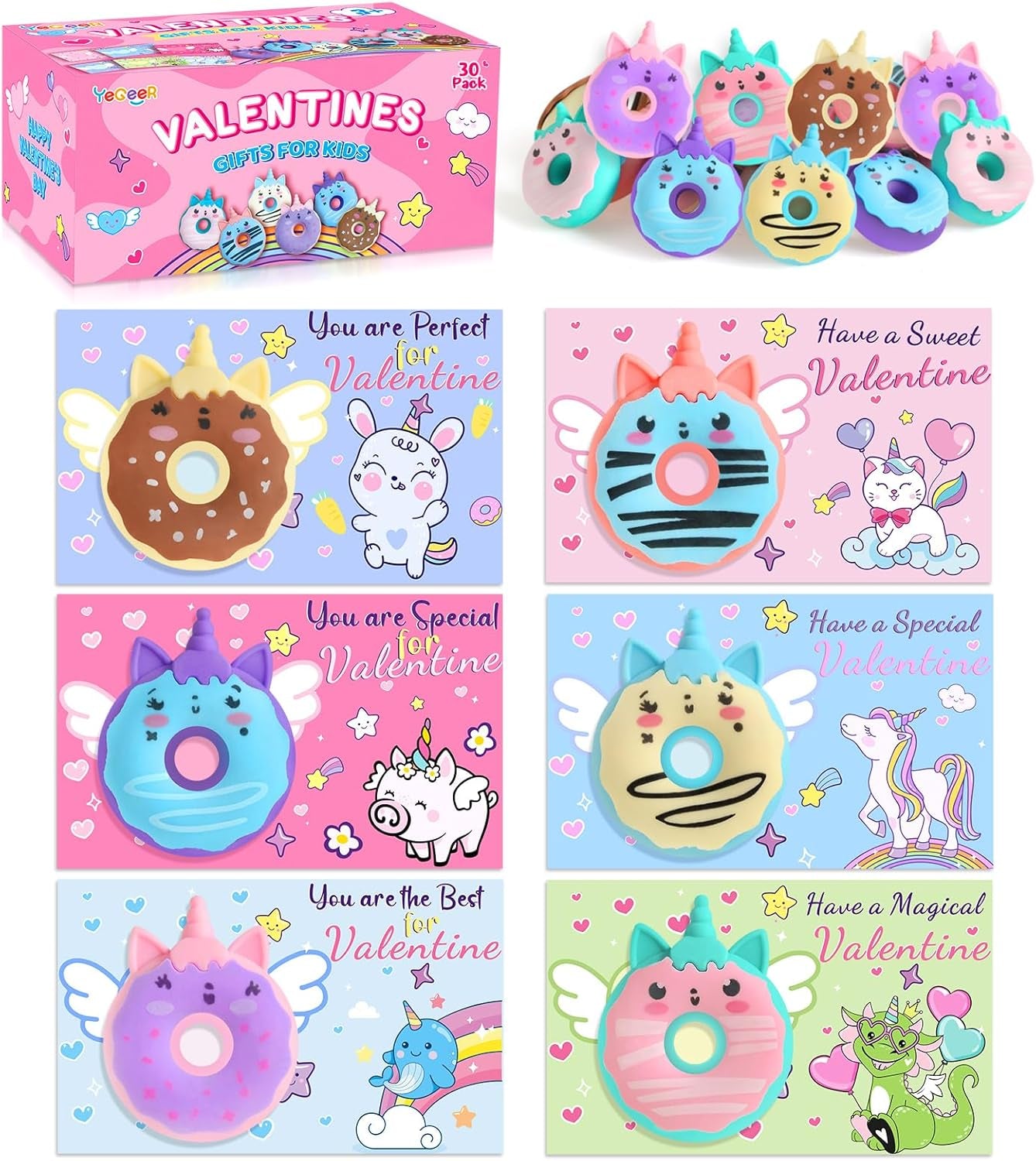 30 Pack Valentines Day Gifts for Kids, Valentines Unicorn Donut Erasers with Cards, Classroom Exchange Prizes & Party Favors, Kids Valentines Day Cards, Ideal Valentine Gifts for Boys Girls