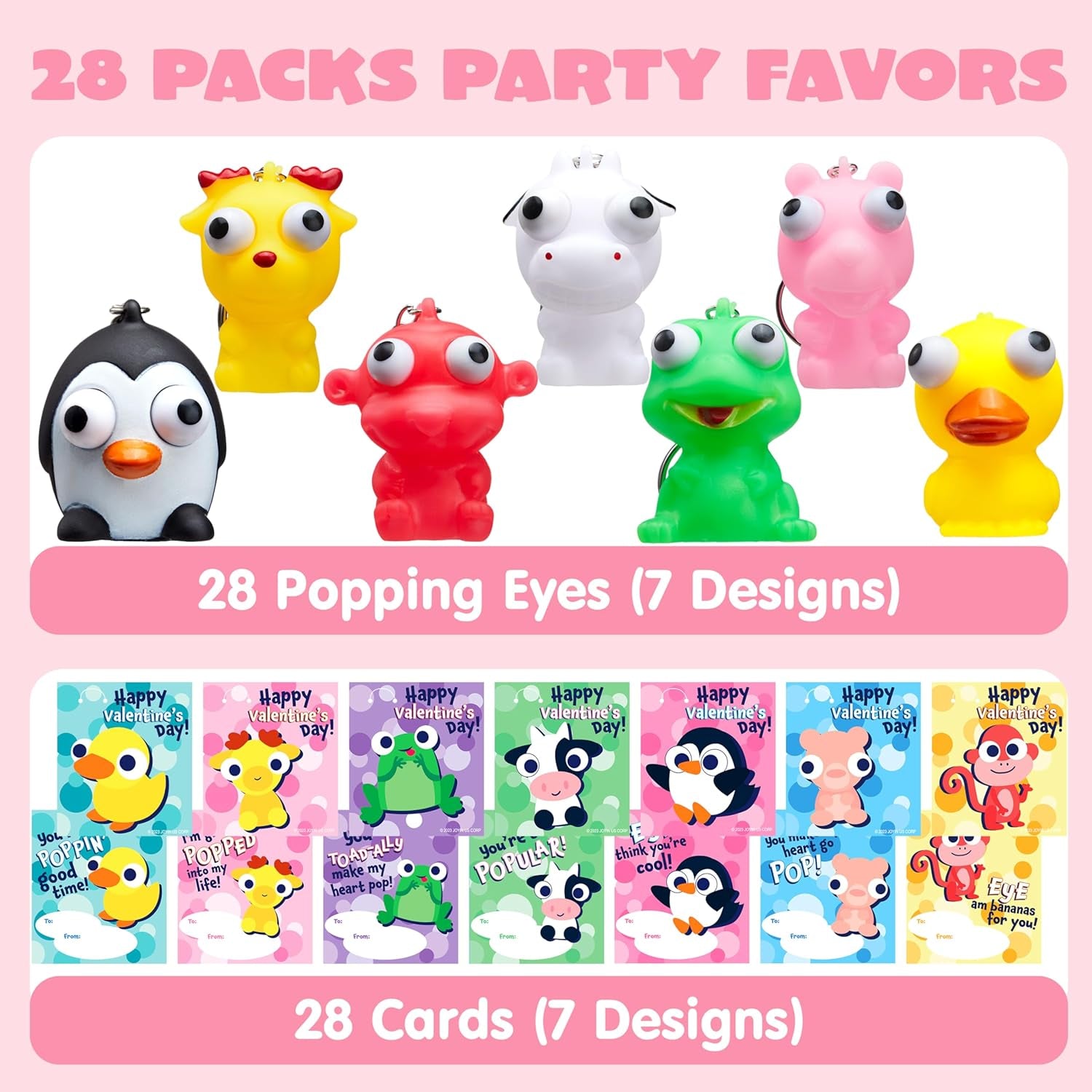 28 Packs Valentine'S Day Gifts Card with Unzip Popping Eyes Animal Keychains for Kids Party Favor, Classroom Exchange Prizes, Valentine’S Greeting Cards