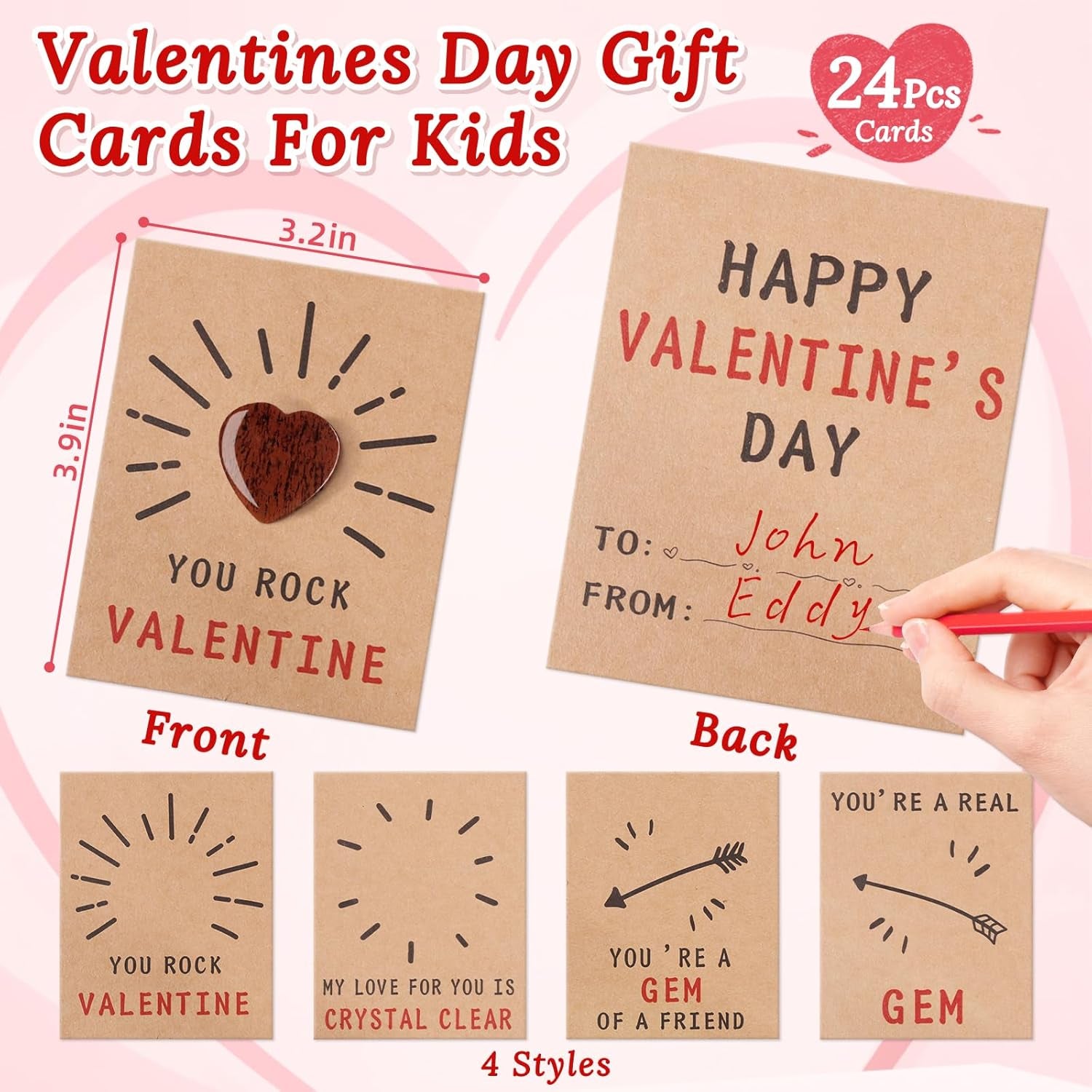 Valentines Day Gifts for Kids - 24 Pack Valentine'S Day Cards with Heart Shape Gem Stone for Classroom School Party Favors, Valentine Rock Bulk Exchange Gift for Boys Girls