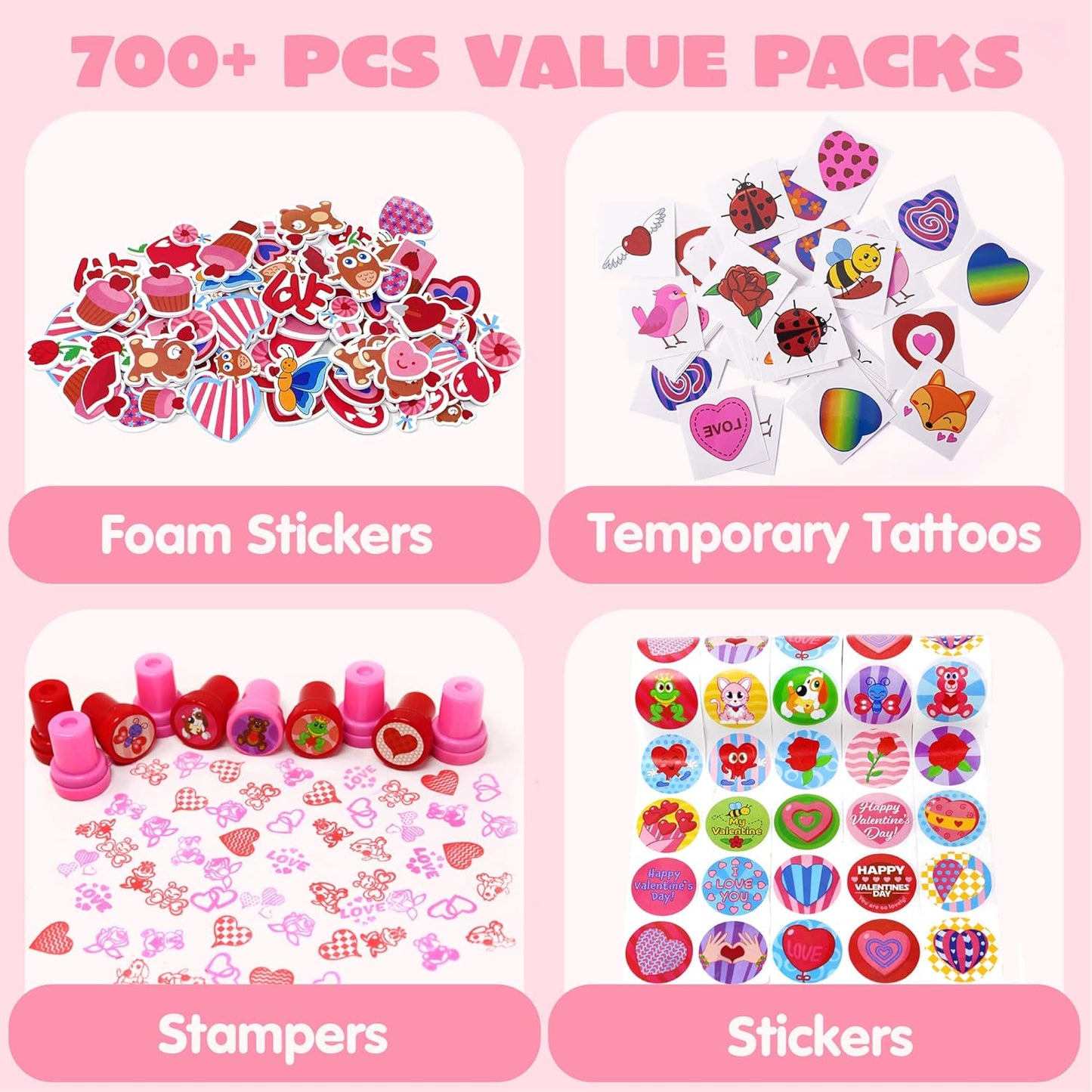 700+ Pcs Valentines Day Party Favor Supplies Craft Set, Foam Stickers for Kid, Tattoos, Stampers & Stickers for Decorations, Photo Props, School Classroom Holiday Exchange Game Prizes, Art Craft