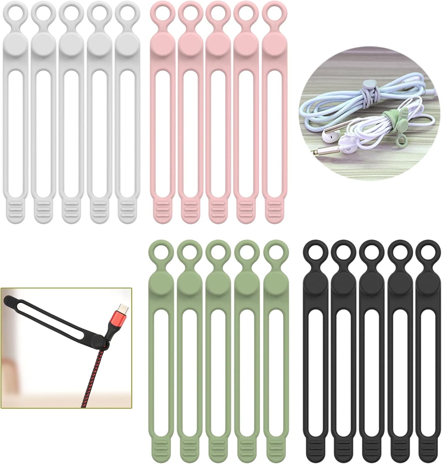 [20Park] Silicone Cable Ties,Reusable Cable Management Organizer, Multipurpose Elastic Cord Organizer for Bundling and Fastening Cable Cords Wires(Black,White,Pink,Green)