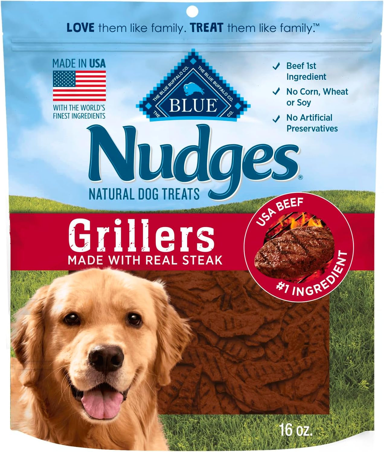 Nudges Grillers Natural Dog Treats, Made in the USA with Real Steak, 16-Oz Bag