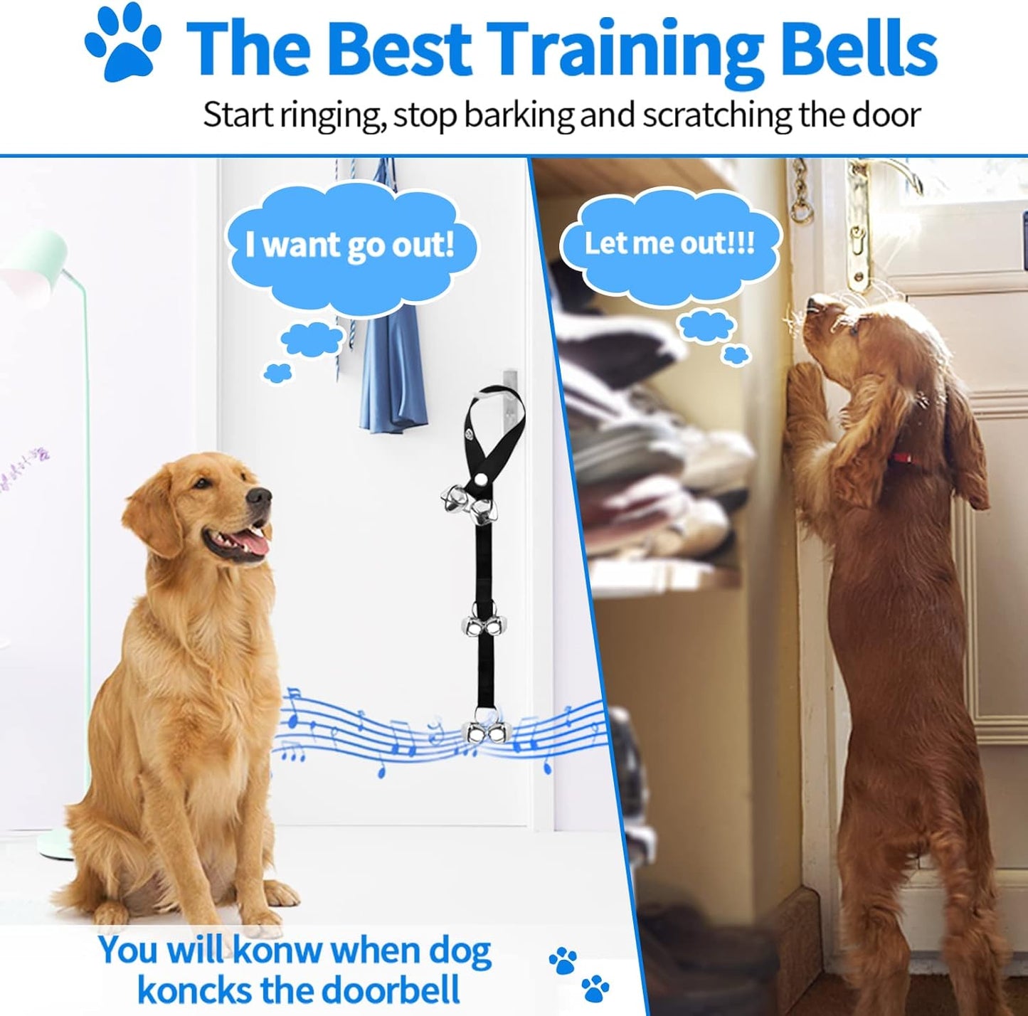 2 Pack Dog Doorbells, Pet Training Bells for Go outside Potty Training and Communication Device Large Loud Dog Bell Cat Puppy Interactive Toys Adjustable Strap Door Bell