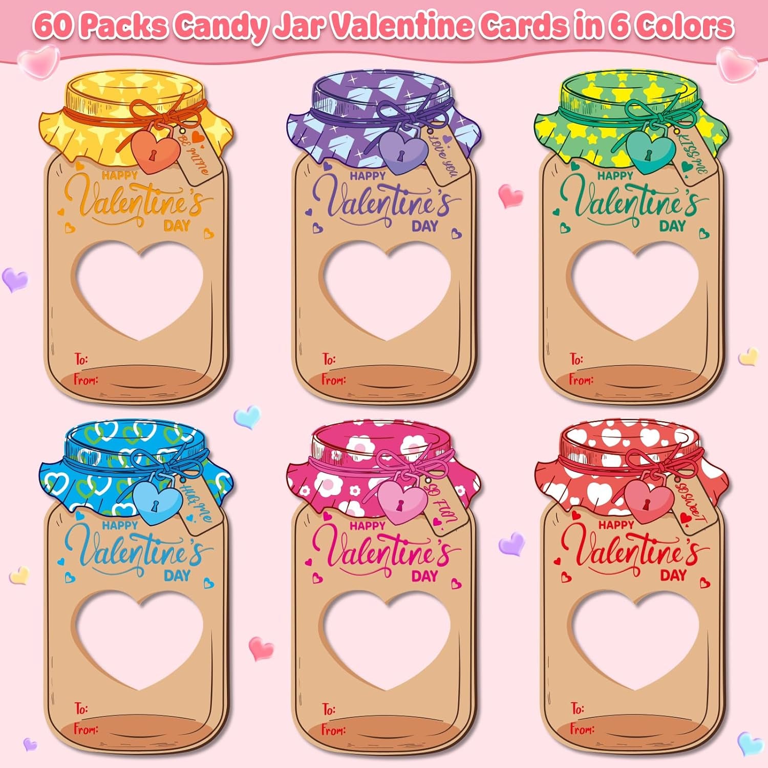 Valentines Day Cards for Kids Classroom, 60 Pack Candy Jar Valentines Greeting Cards with Treat Bag, DIY Valentine Exchange Cards for School, Ideal Valentine Day Gifts for Kids Boys Girls