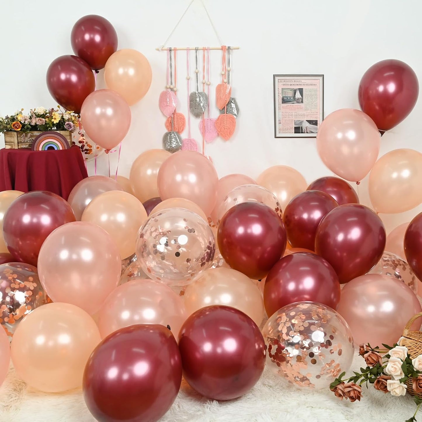 Balloons Burgundy Rose Gold, 60 Packs 12 Inches Wine Red Champagne Latex Balloons Rose Gold Confetti Balloons for Women Girls Birthday Wedding Bridal Shower Party Anniversary Decoration