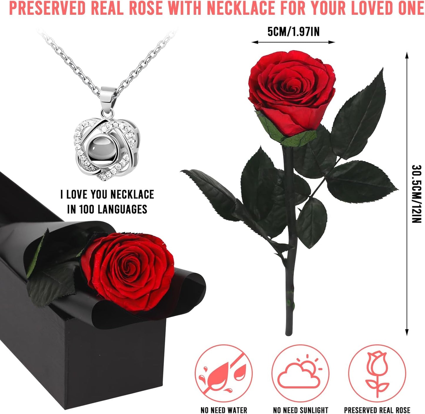 Preserved Real Rose Forever Flowers with I Love You Necklace Unique Gifts for Her Mom Grandma Wife Girlfriend Birthday Valentines Christmas Thanksgiving Mother’S Day (Red)