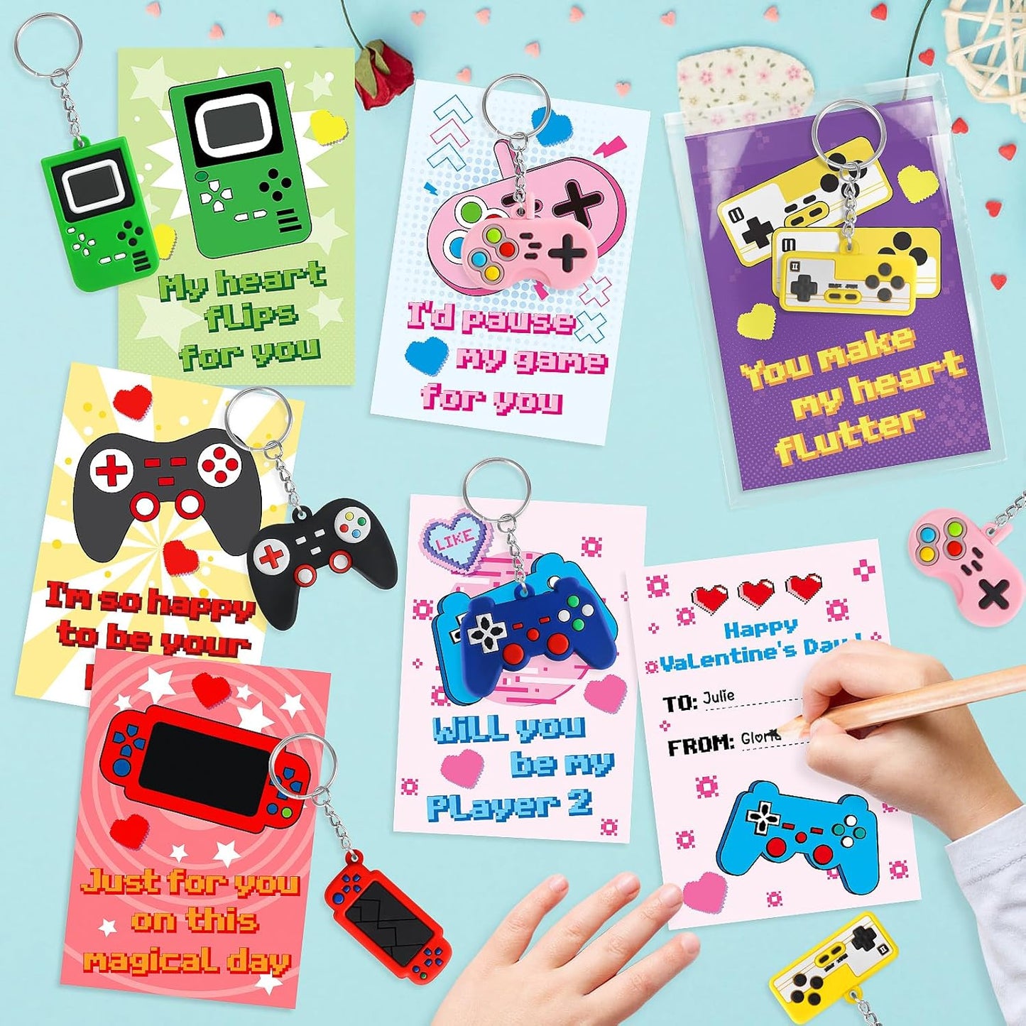 Valentines Gifts Cards for Kids Classroom, 30 Pack Game Console Keychain with Cards, Valentines Day Exchange Prizes for School, Valentines Party Favors, Valentines Day Gifts for Kids