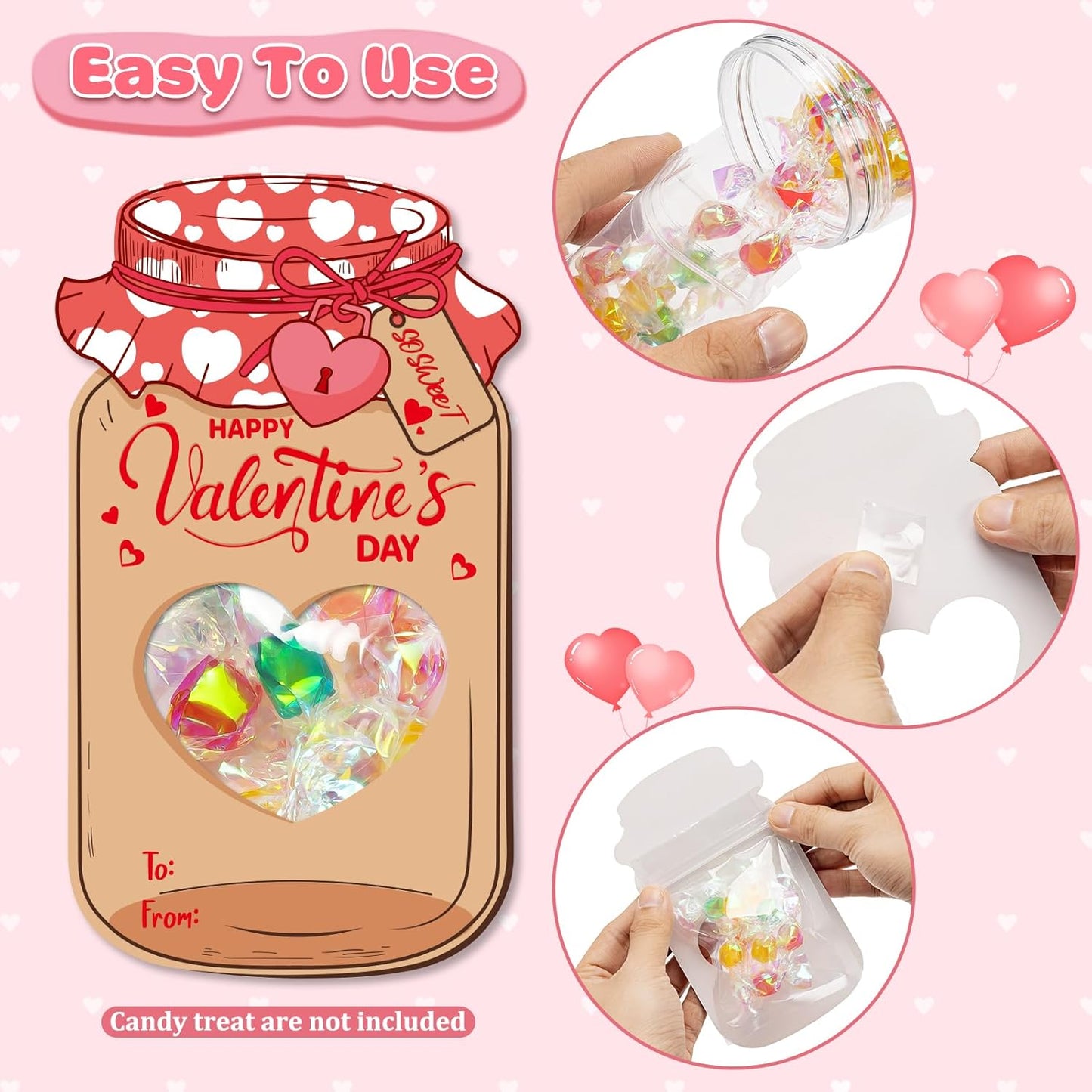 Valentines Day Cards for Kids Classroom, 60 Pack Candy Jar Valentines Greeting Cards with Treat Bag, DIY Valentine Exchange Cards for School, Ideal Valentine Day Gifts for Kids Boys Girls