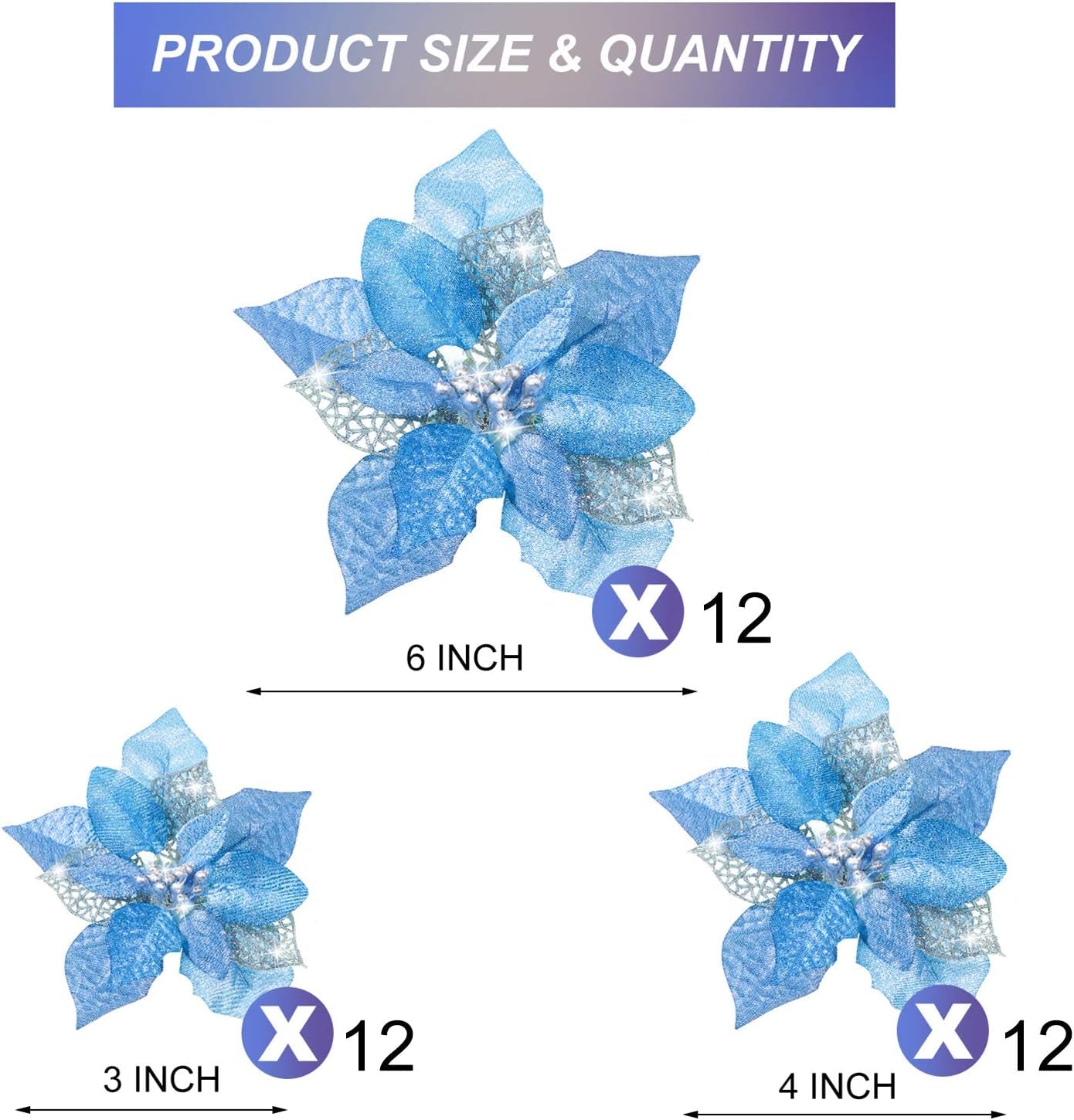 36 Pieces Christmas Poinsettia Glitter Faux Flowers Christmas Artificial Flowers Tree Ornaments Topper Xmas Decorations(Blue)