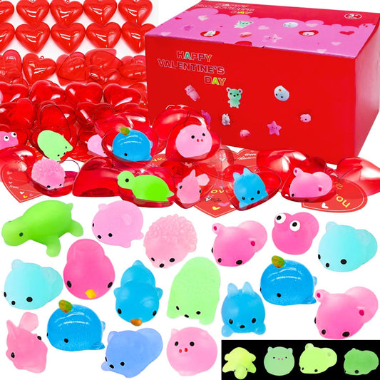 28 Pack Valentines Day Cards with Kawaii Mochi Squishies Toys, Glow in the Dark Cute Mini Squishies Stress Relief Toy, Valentines Exchange Gift Cards for Kids School Classroom Party Favors