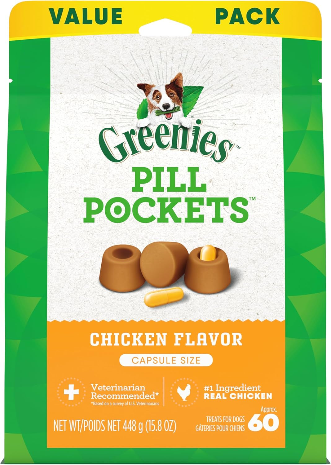 Pill Pockets for Dogs Capsule Size Natural Soft Dog Treats Chicken Flavor, 15.8 Oz. Pack (60 Treats)