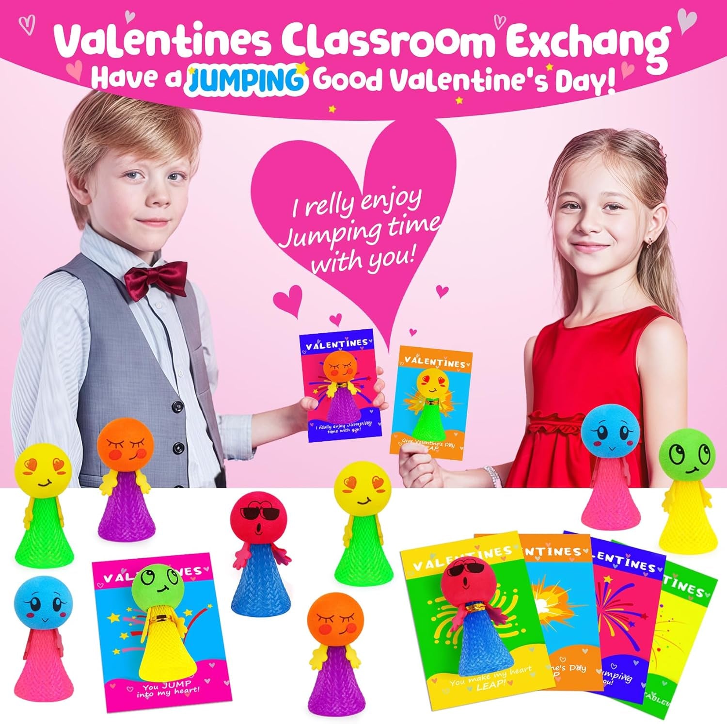 30Pack Valentines Day Cards for Kids School - Jumping Popper Spring Launcher Toys, Valentines Day Gifts for Kids Classroom Exchange Fidget Toys Valentine Party Favor Goodie Bag Stuffers Class Prizes