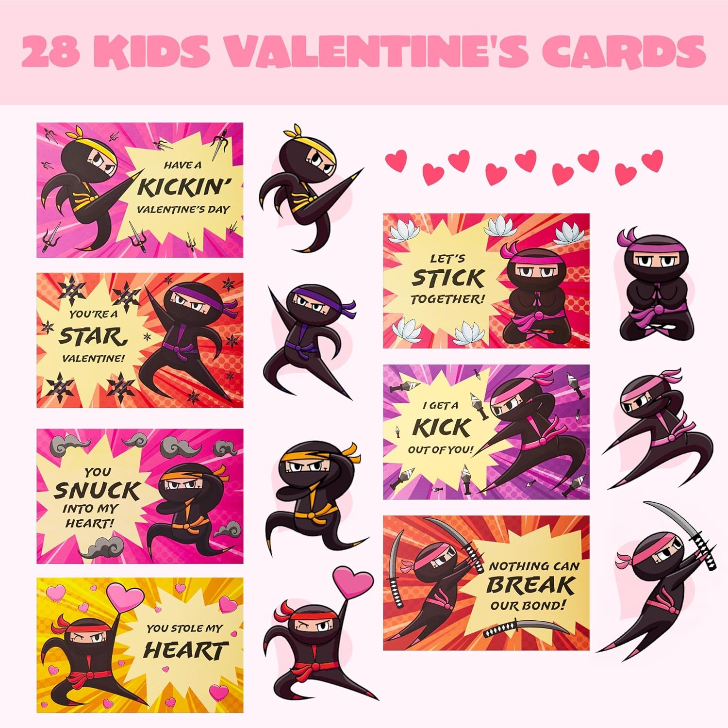 28 Packs Valentines Day Sticky Wall Climbing Men Ninja with Gifts Cards Set, Wall Climbers Stress Relief Toys for Kids Party Favor, Classroom Exchange Prizes, Valentine Greeting Cards