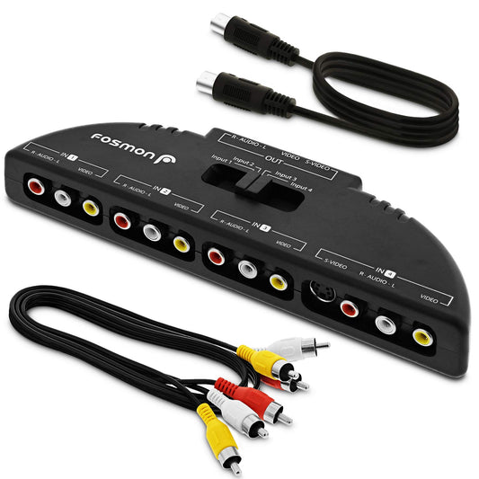 4-Way Audio/Video RCA Switch Selector/Splitter Box & AV Patch Cable for Connecting 4 RCA Output Devices to Your TV