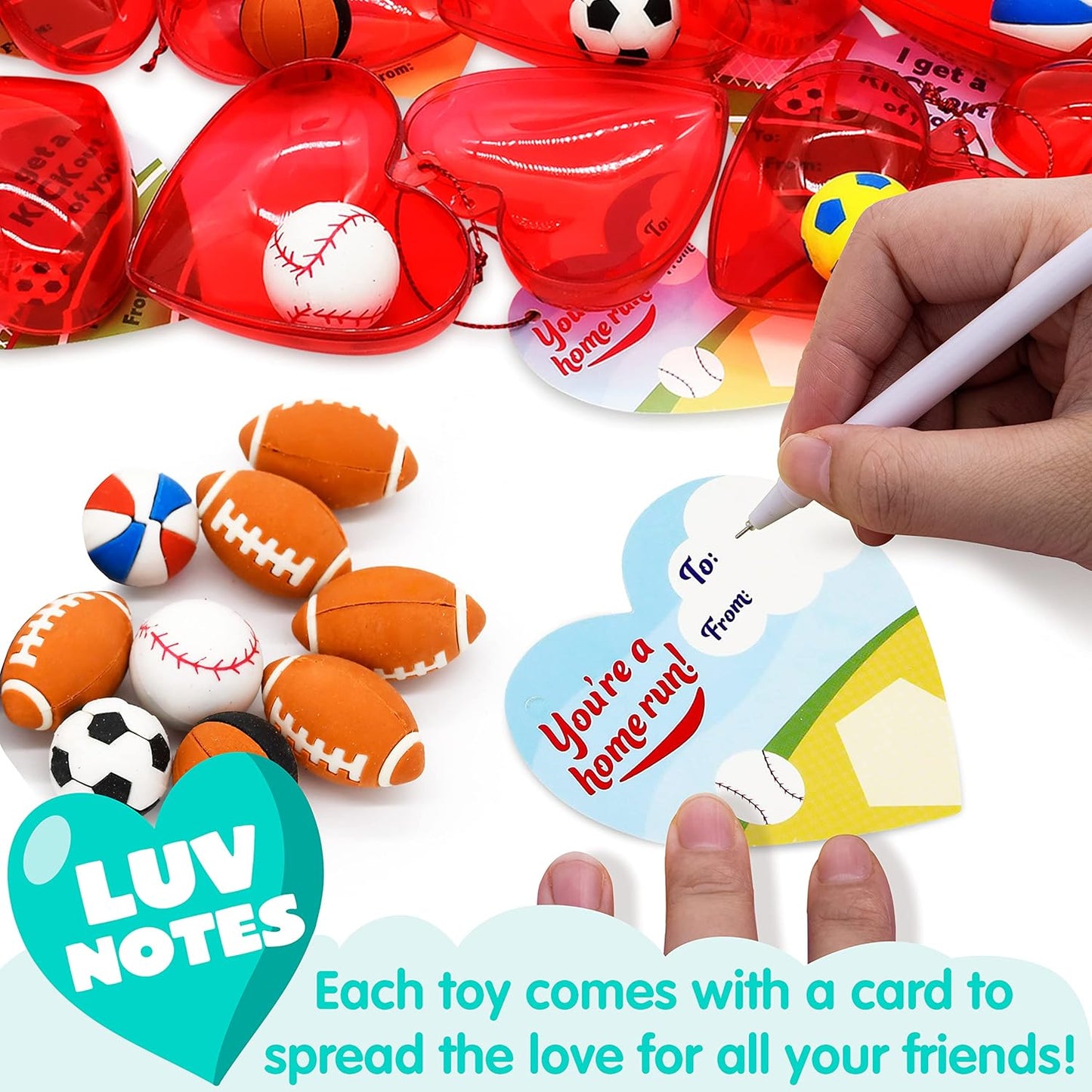 28 PCS Valentines Day Cards for Kids, Sports Balls Erasers Filled Hearts and Valentine Cards Gifts for Kids Classroom Exchange Prizes