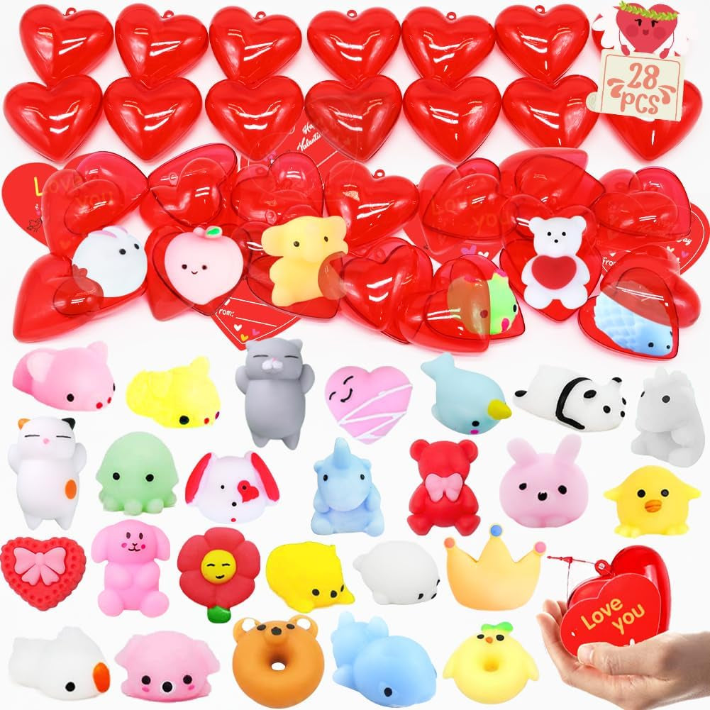 Valentines Party Favors Set, 28 Pcs Mochi Squishies Toys Filled Hearts and Valentines Day Cards for Kids Valentine'S Day Exchange Gift, Kawaii Stress Relief Anxiety Toys for Valentine Basket Stuffers