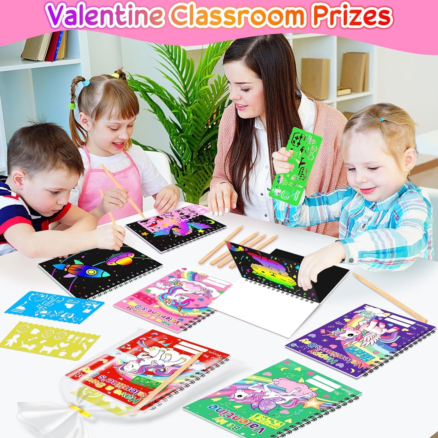 Valentines Day Cards Gifts for Kids 24 Scratch Paper with Valentines Unicorn Cards Bulk Scratch Art Notebook Valentines Classroom School Exchange Prizes for Girls Boy Students Toddlers Party Favor Bag