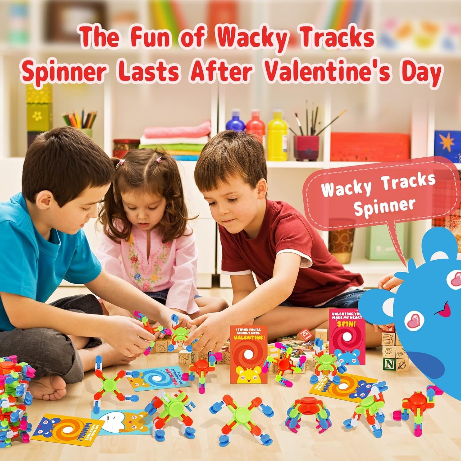 28 Pack Valentines Day Gifts for Kids - Wacky Tracks Fidget Spinner with Valentine'S Day Greeting Cards for Kids, DIY Deformable Spinner Classroom Valentine'S Party Favor, Exchange Prizes Gift