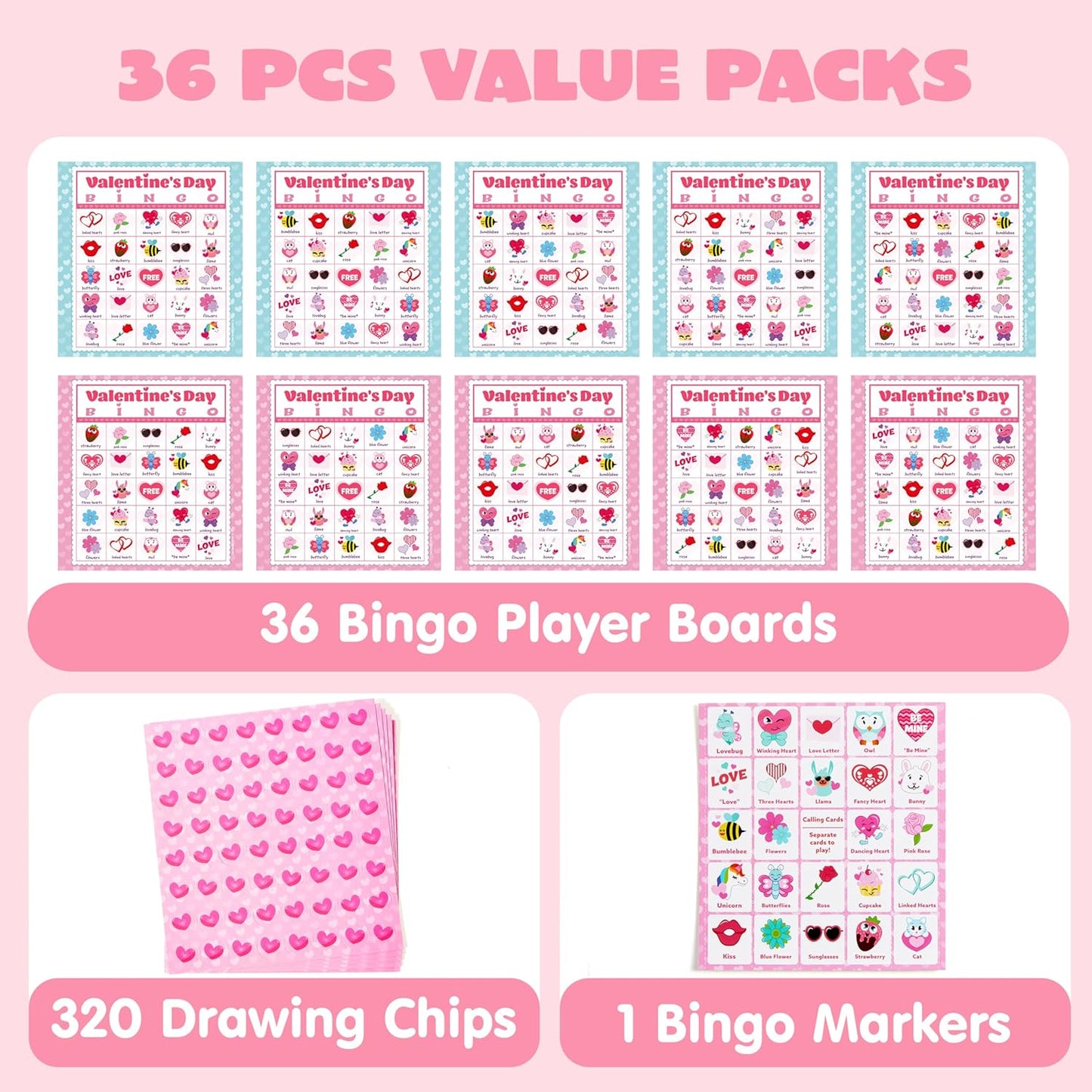 36 Players Valentines Day Bingo Cards (5X5) for Kids School Classroom Exchange Gift Rewards, Fun Party Games, Indoor Family Activities