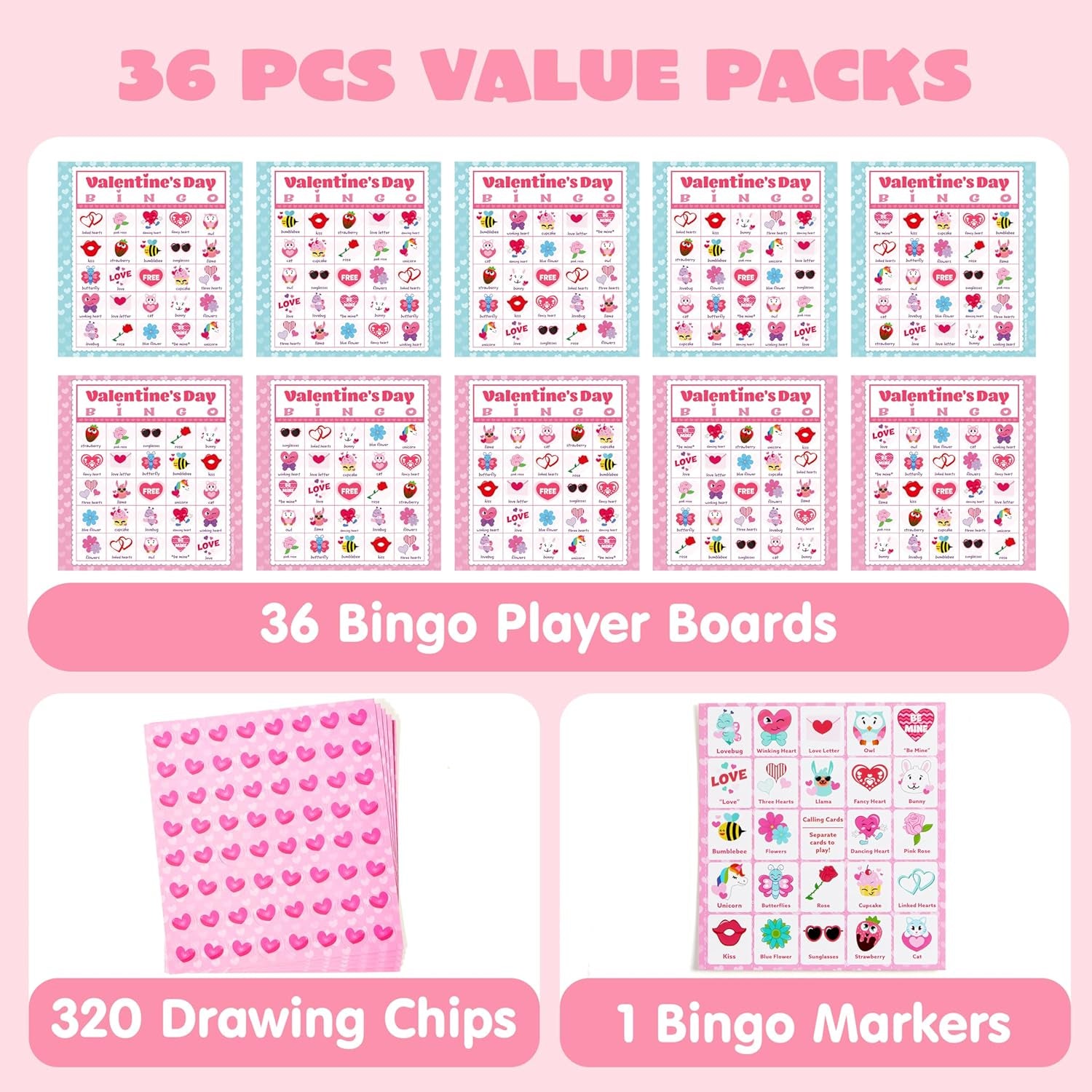 36 Players Valentines Day Bingo Cards (5X5) for Kids School Classroom Exchange Gift Rewards, Fun Party Games, Indoor Family Activities